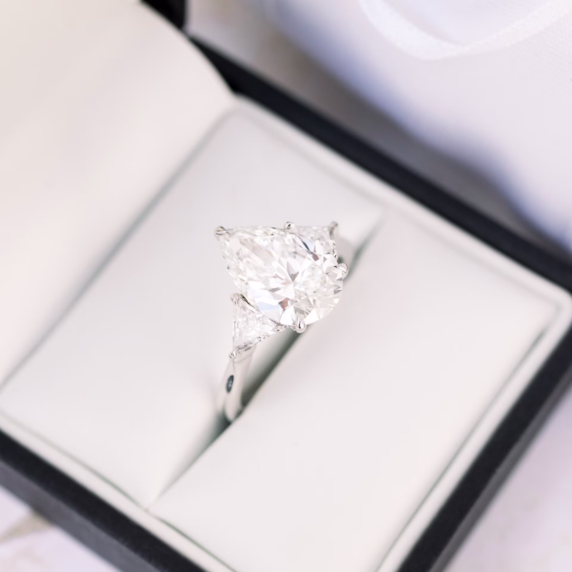 platinum 3.5 carat pear and trillion three stone lab created diamond engagement ring ada diamonds design ad 496 in box