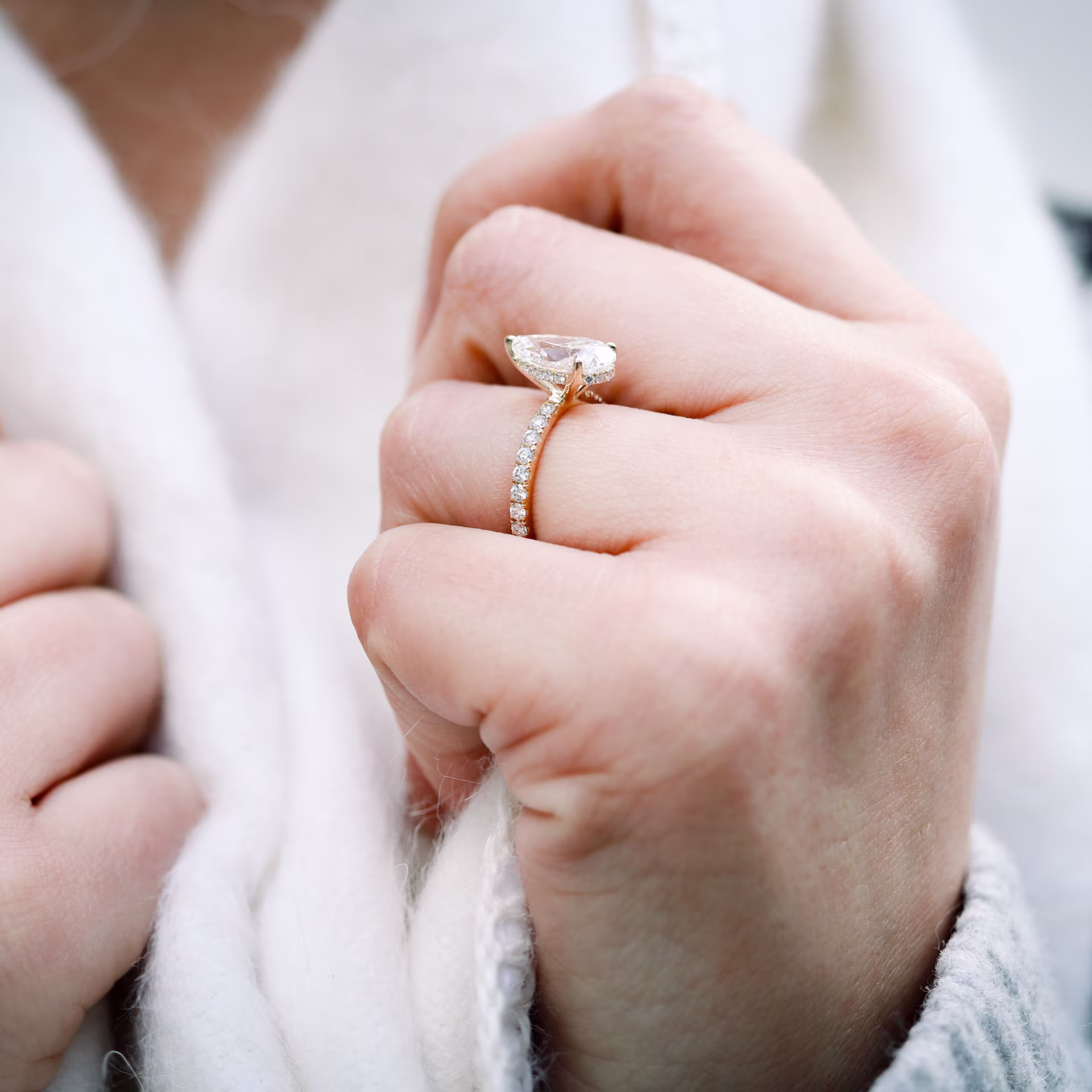 2.5ct Pear Pavé Lab Diamond Engagement Ring in 18kt Yellow Gold on Model