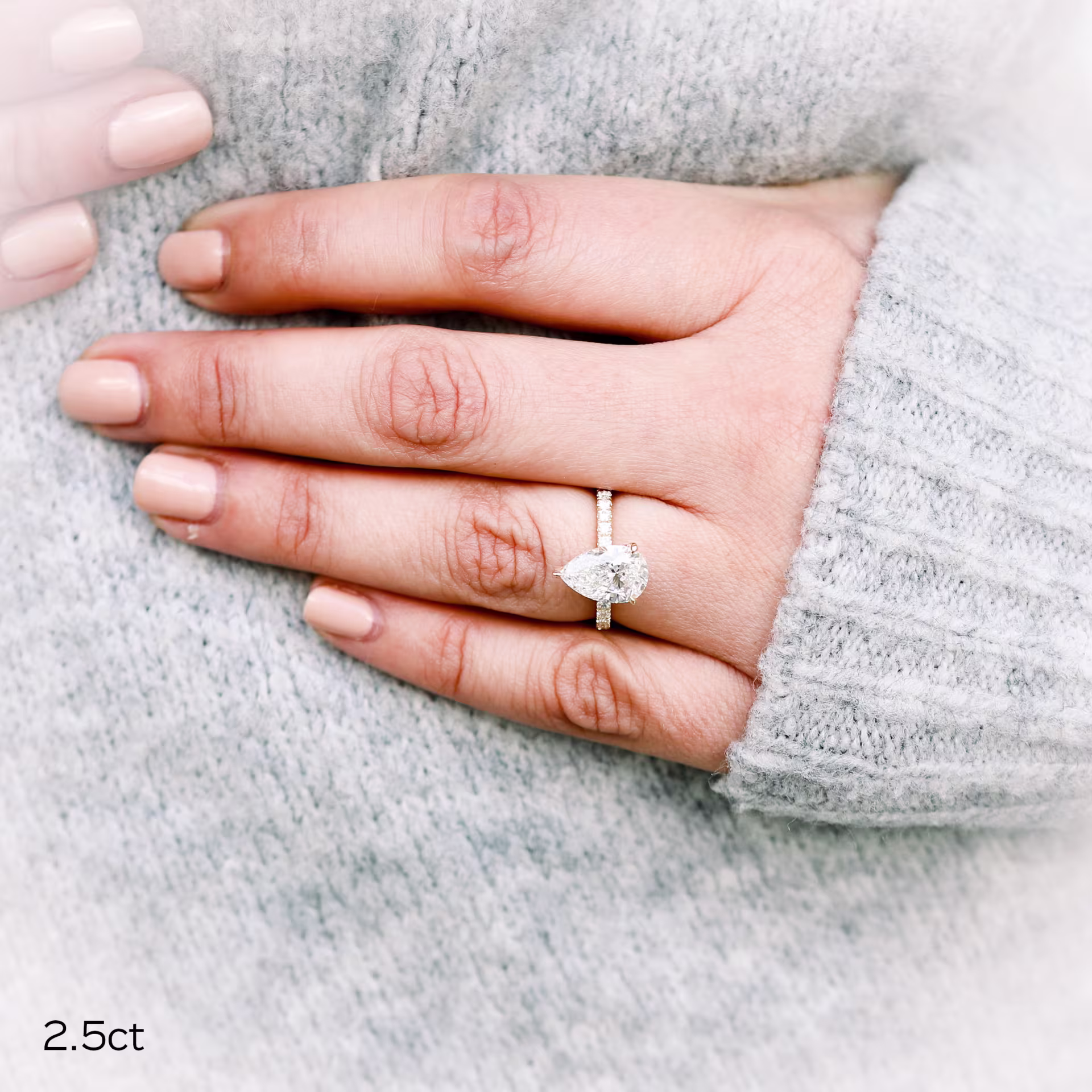 14k Yellow Gold 2.5 Carat Pear Cut Engagement Ring with Diamond Band made with Lab Diamonds Ada Diamonds Design AD-211 on Model