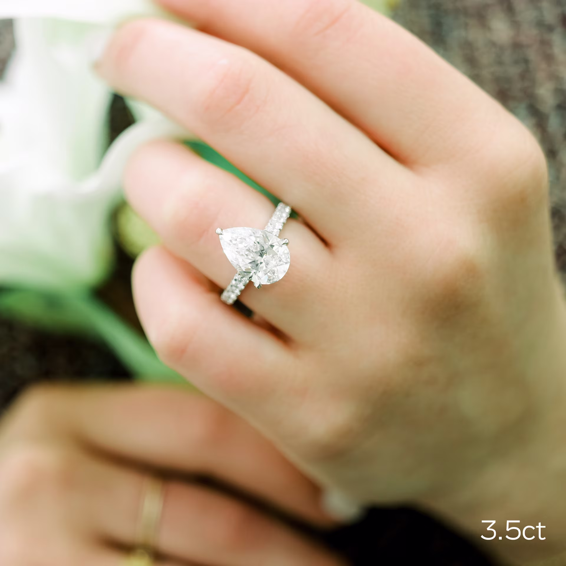 3.5ct Pear Lab Diamond High Profile Pavé Ring in White and Rose Gold Ada Diamonds Design AD-355 on Hand