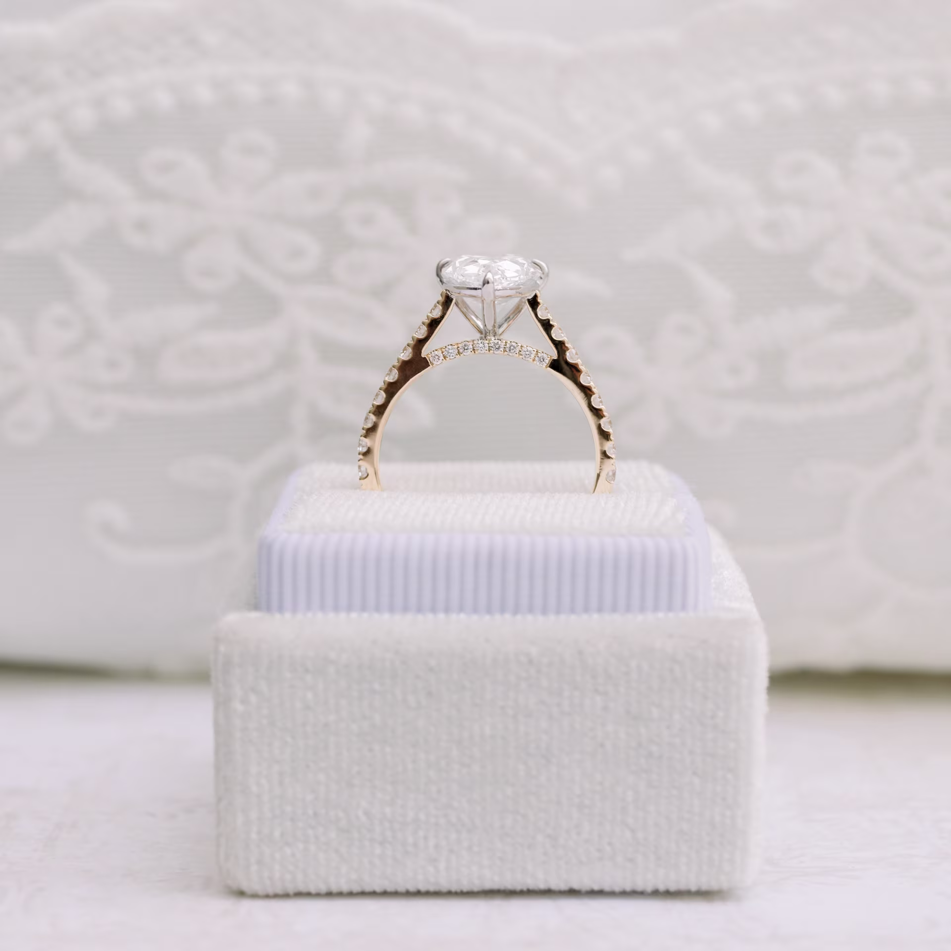 Two Tone Rose and White Gold 3 Carat Pear Cut Lab Diamond Engagement Ring in Cathedral Pavé Setting Ada Diamonds Design AD-355 Profile