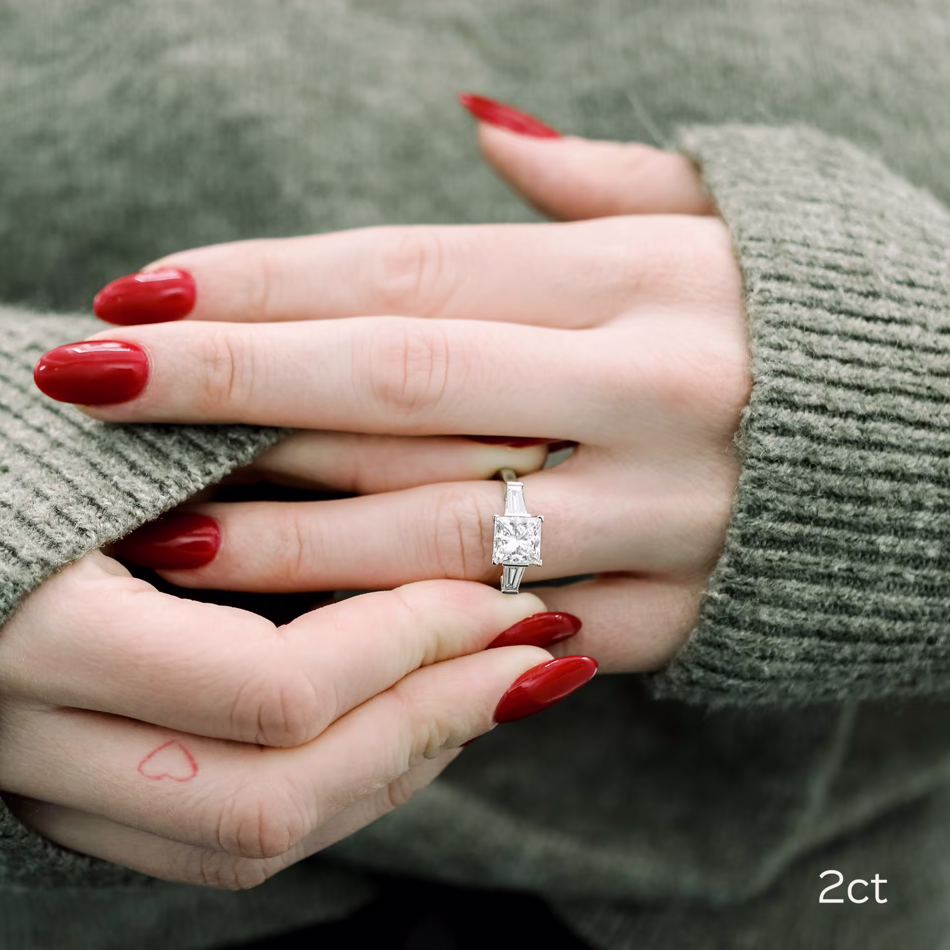 platinum 2 ct princess cut and tapered baguette three stone man made diamond engagement ring ada diamonds design ad 478 on model