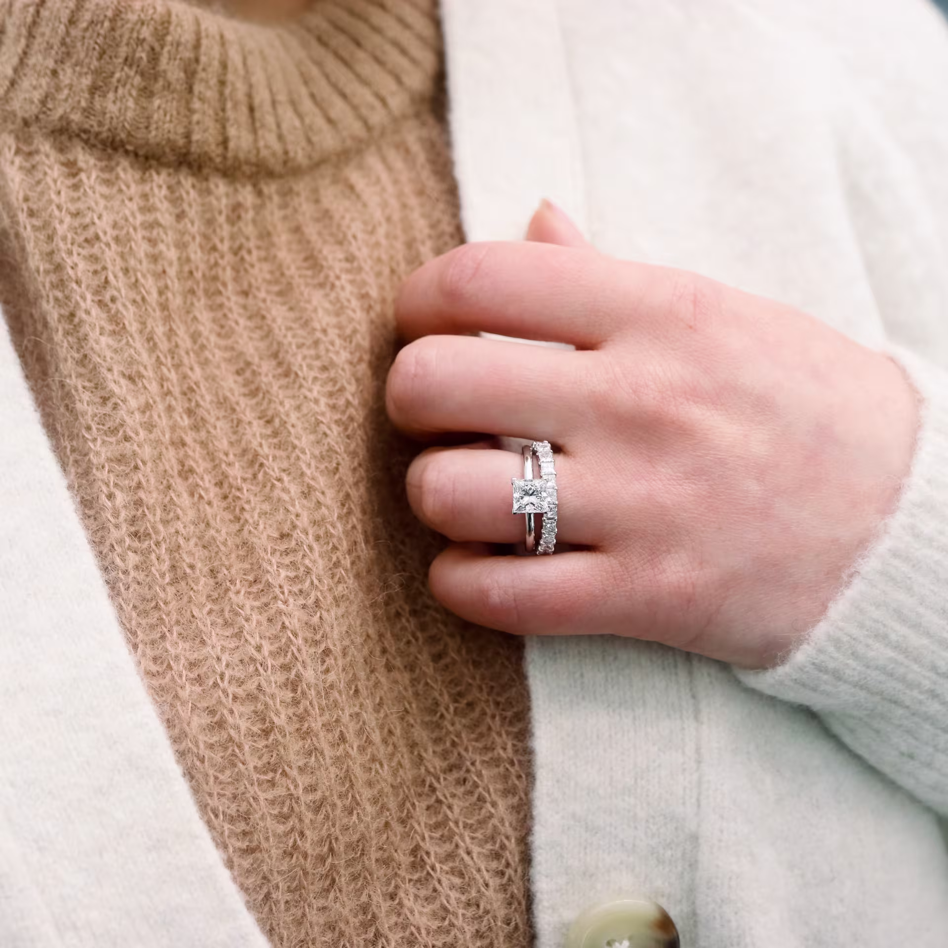 princess cathedral solitaire engagement ring with lab diamond princess eternity band ada diamonds design ad 340 on model