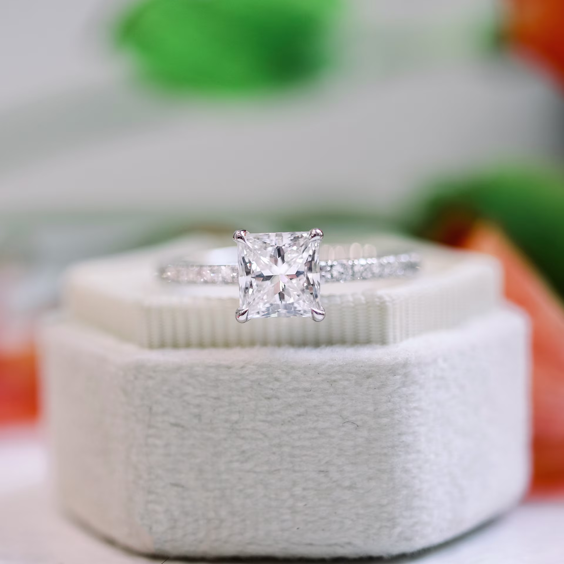 White Gold 2ct Princess Cut Lab Diamond Engagement Ring with Diamonds on the Band Ada Diamonds Design AD-150 Artistic