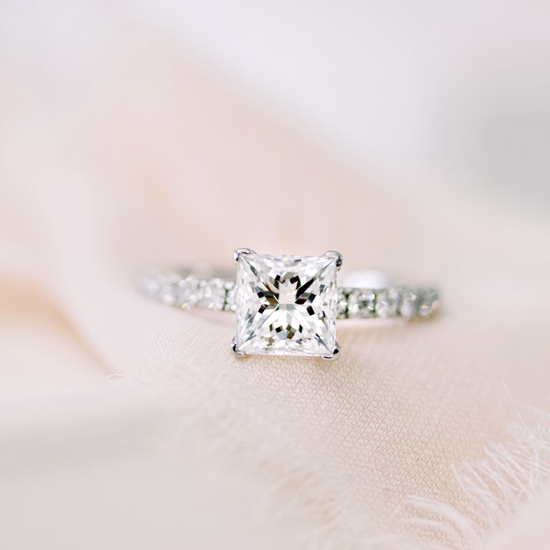 platinum pave lab diamond ring with princess cut