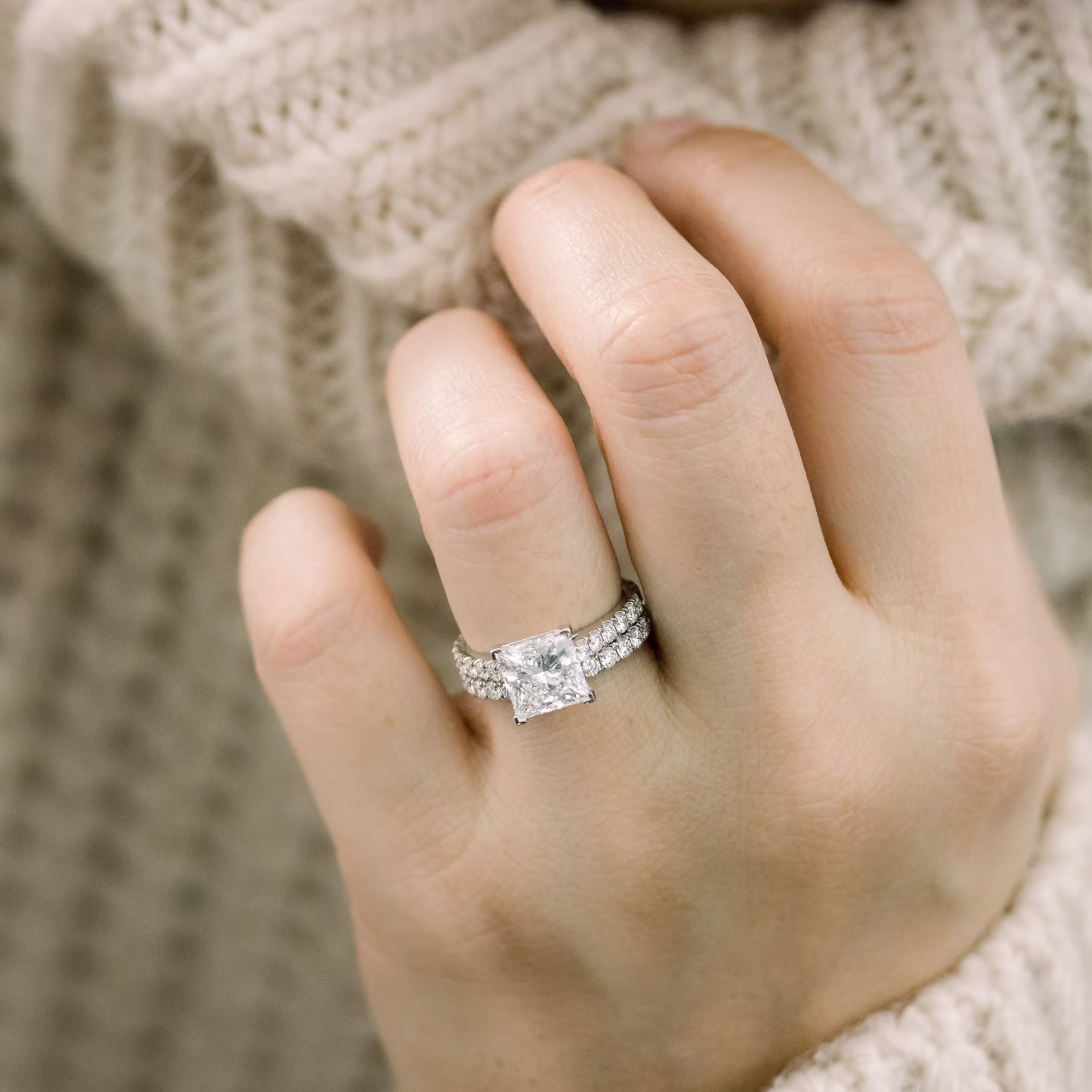 platinum 2.5 carat princess cut cathedral pavé lab diamond engagement ring with wedding band ada diamonds design ad 344 and ad 171 on model