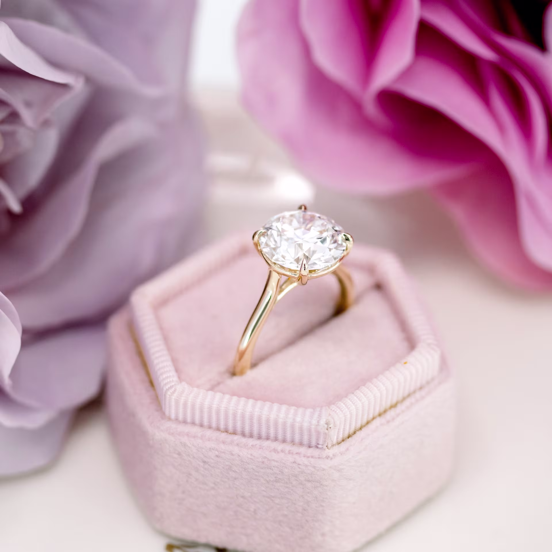 14k Yellow Gold Round Trellis Solitaire Diamond Engagement Ring featuring High Quality 3.5 ctw Lab Diamonds (Side View)