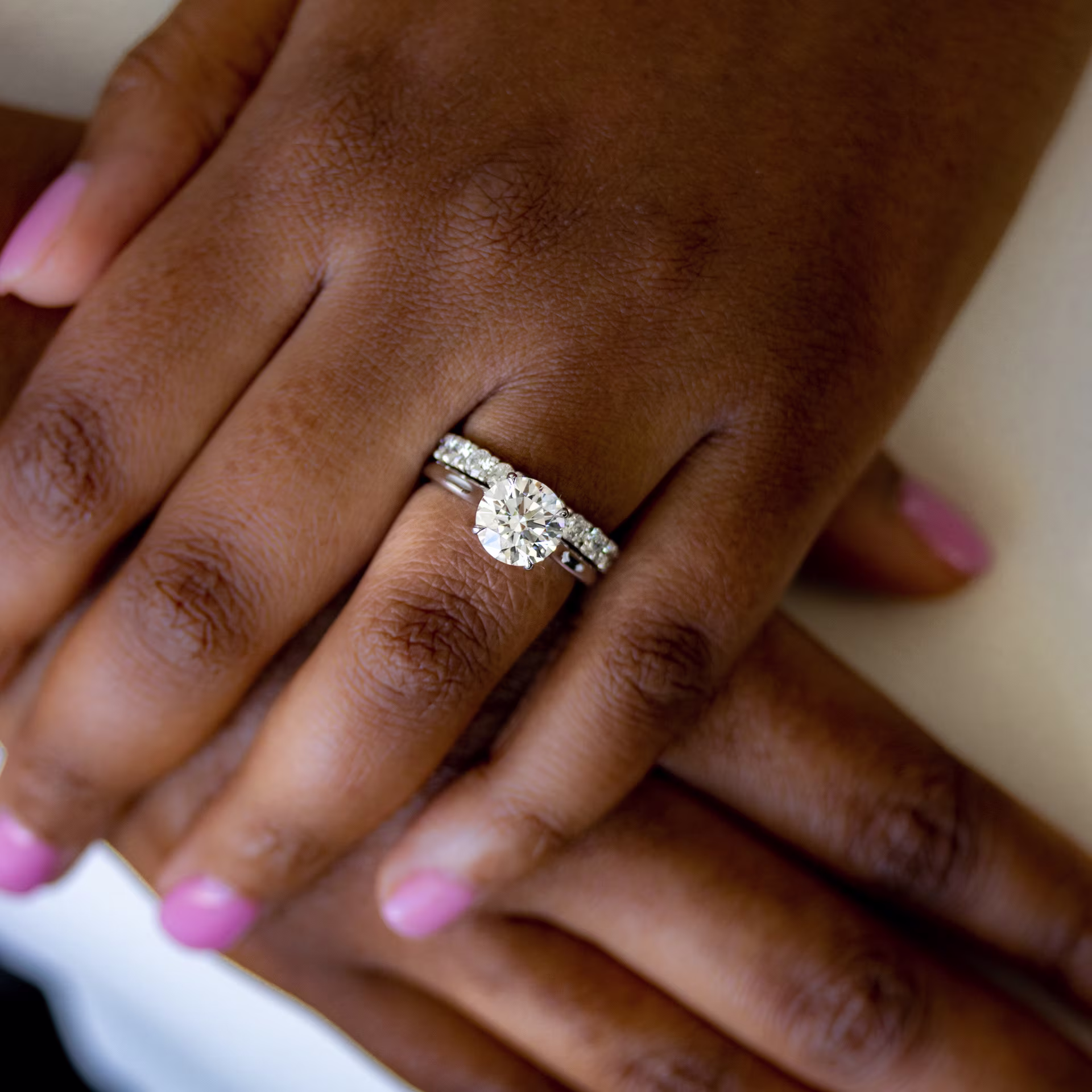 Platinum Lab Created Diamond Wedding Set with 2ct Round Solitaire and French U Eternity Band Ada Diamonds Design AD-164 and AD-069 on Model