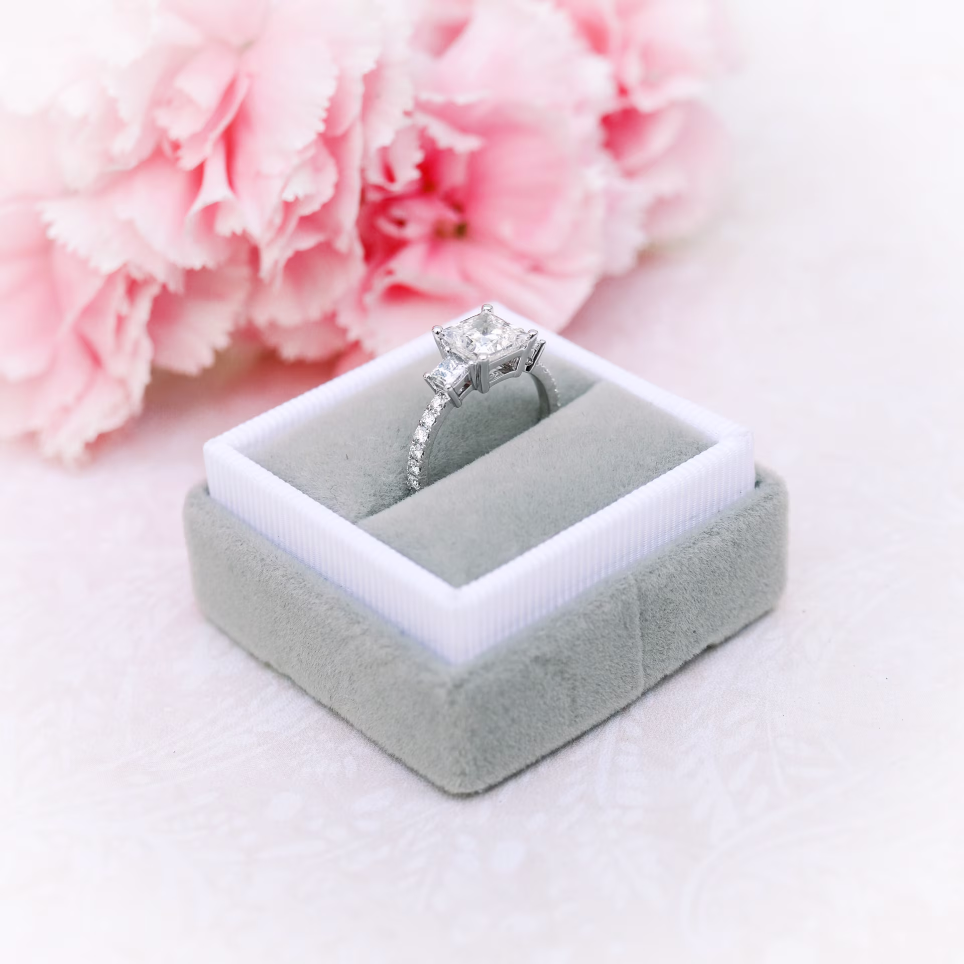 Platinum 2ct Princess Cut Lab Diamond Three Stone Ring Pavé Band Ada Diamonds Design AD-47 7 Profile View