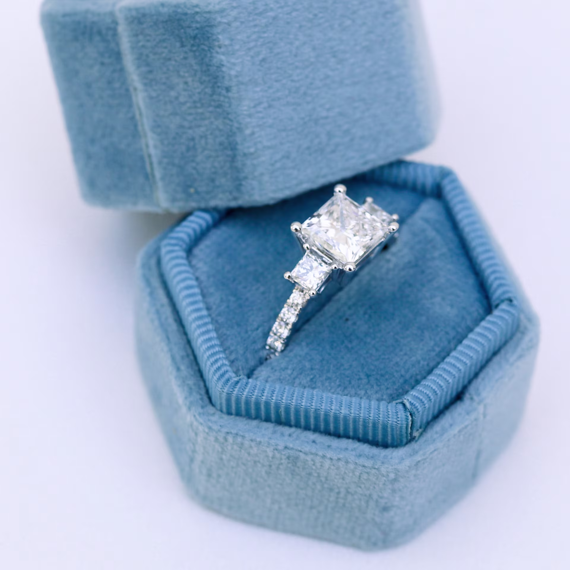 18k White Gold 1.5ct Princess Cut Three Stone Ring with Diamonds on the Band Ada Diamonds Design AD-477 Macro