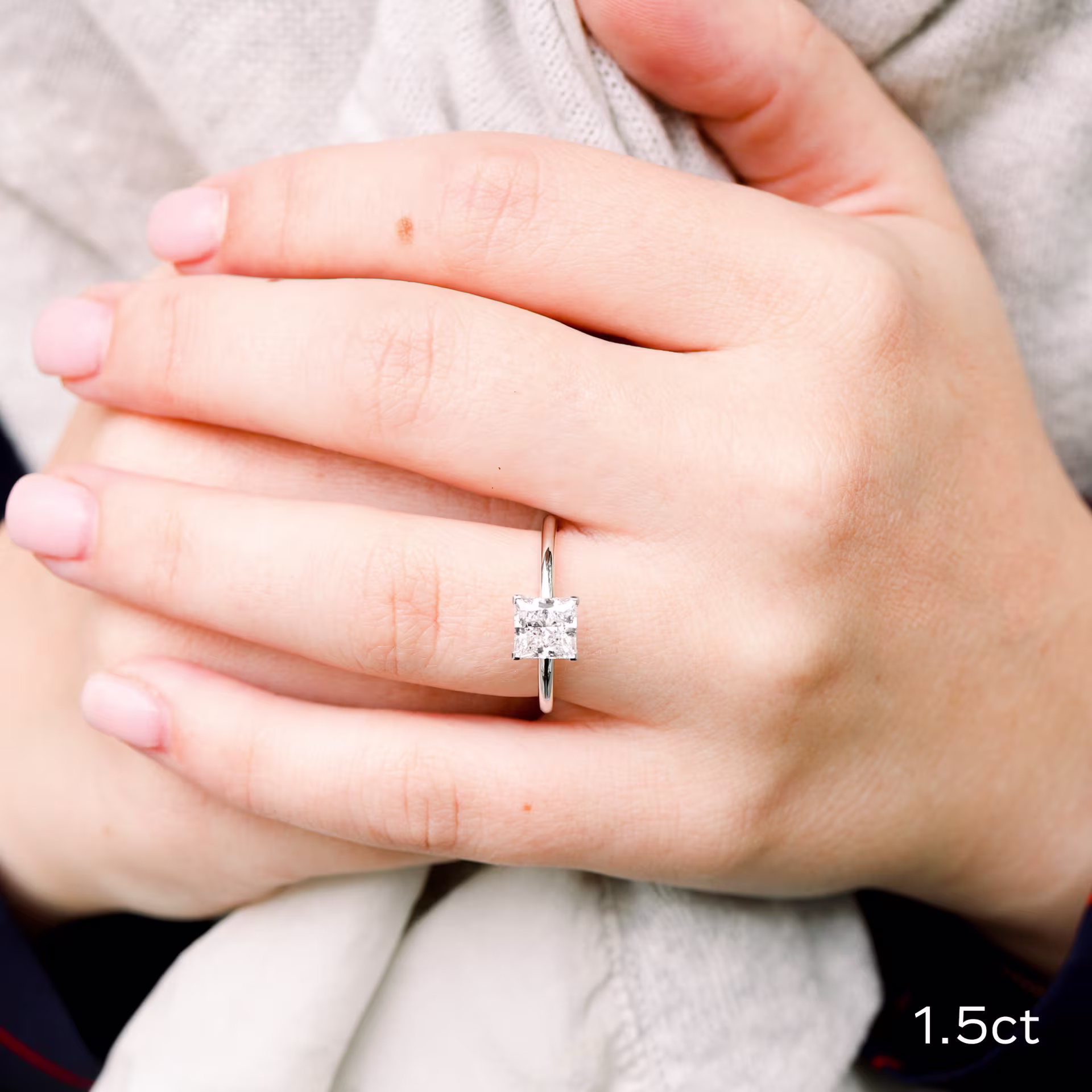 Platinum 1.5 Carat Princess Cut Solitaire Diamond Ring on Hand featuring Lab Diamonds Ada Diamonds Design Number 227