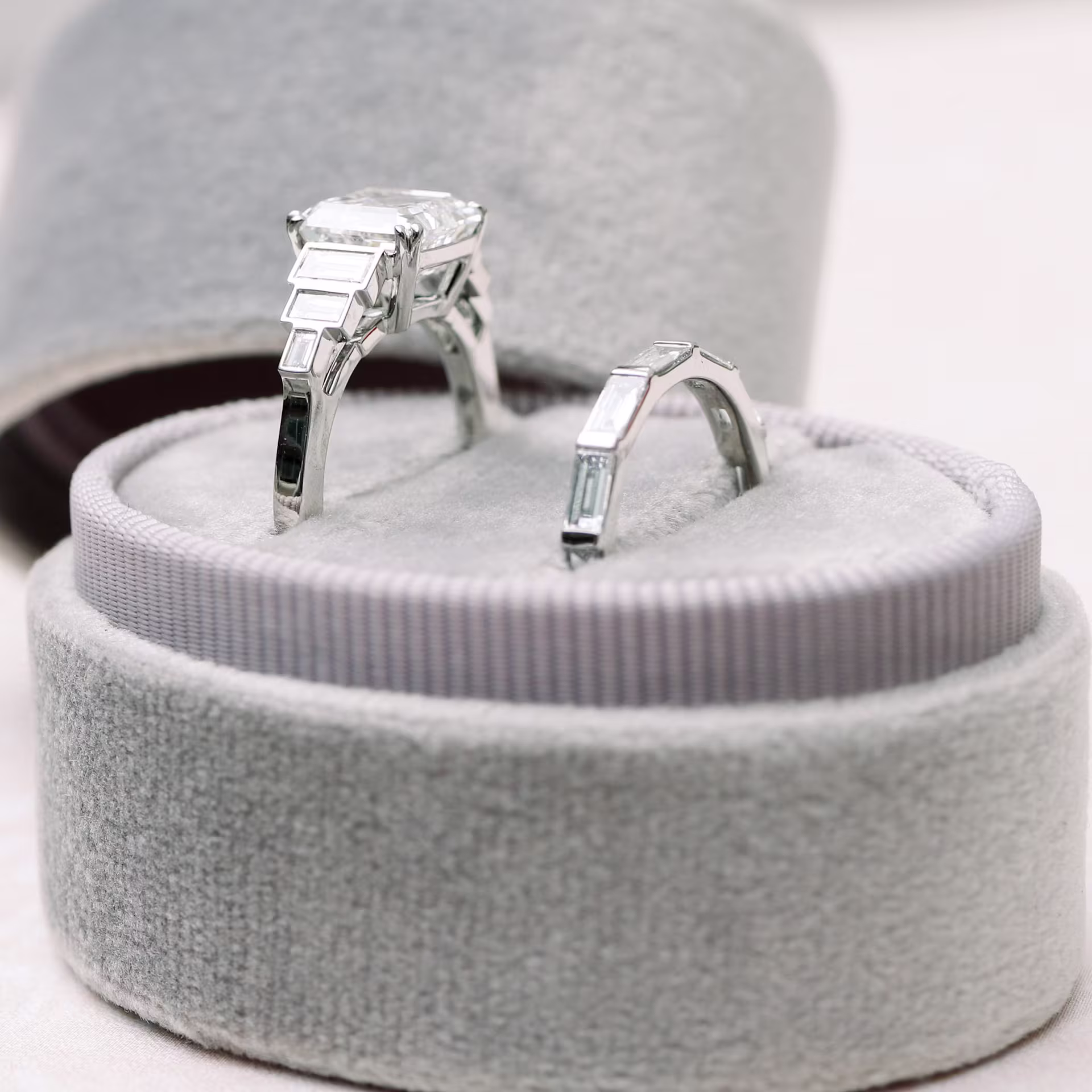 3 Carat Custom Asscher and Baguette Engagement Ring with 3/4 Baguette Lab Diamond Eternity Band in Platinum Ada Diamonds Design AD-178 and AD-262 Macro Shot