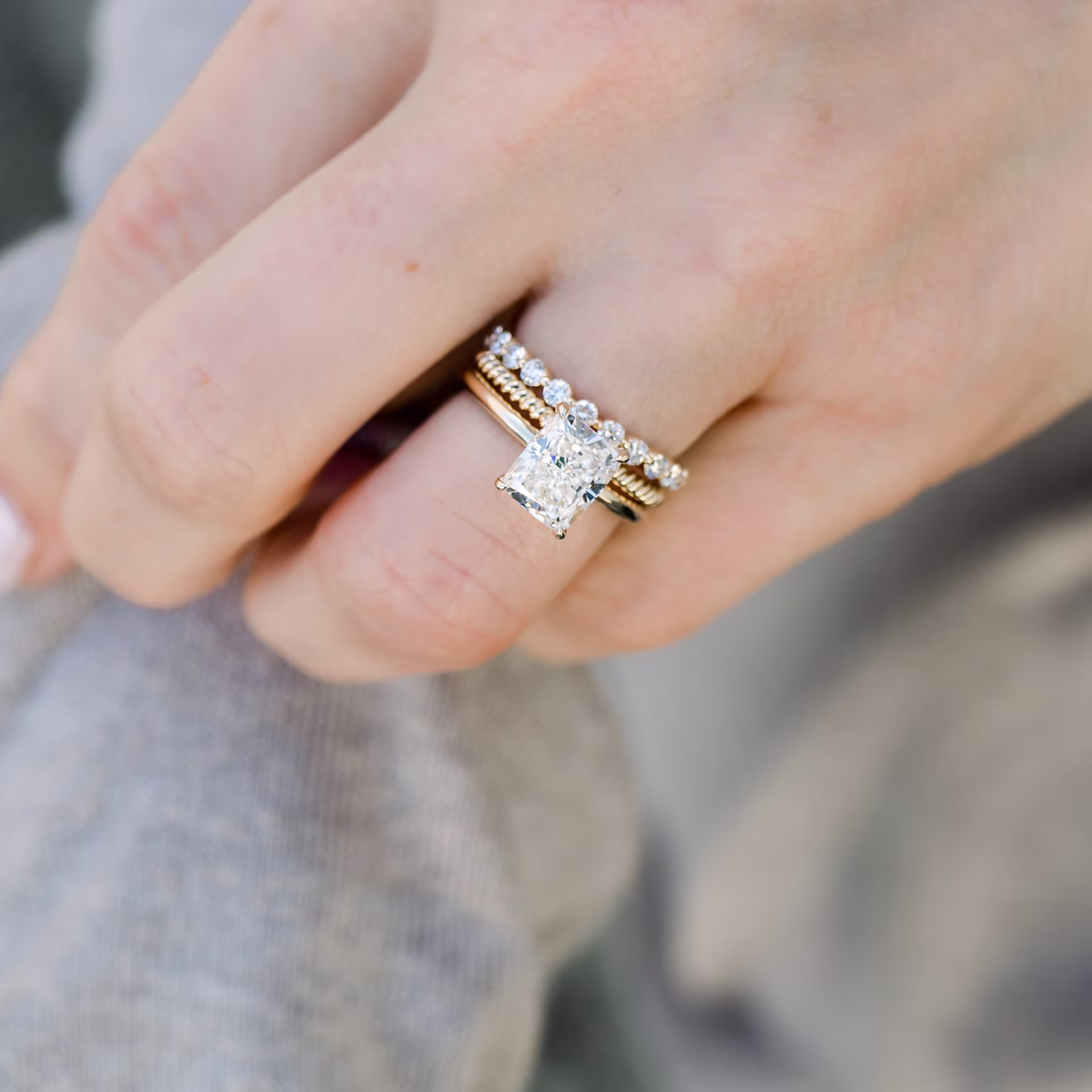 14k Yellow Gold 2.5ct Cushion Lab Diamond Solitaire Engagement Ring wtih Custom Shared Prong Lab Diamond Wedding Band and Rope Wedding Band Ada Diamonds Design AD-221 AD-261 AD-262 on Hand