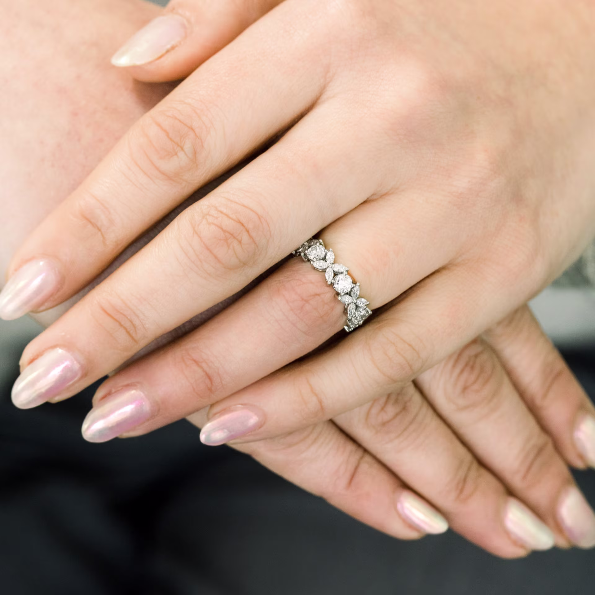 platinum lab diamond floral inspired wedding band with round and marquise lab grown diamonds ada diamonds design ad 181