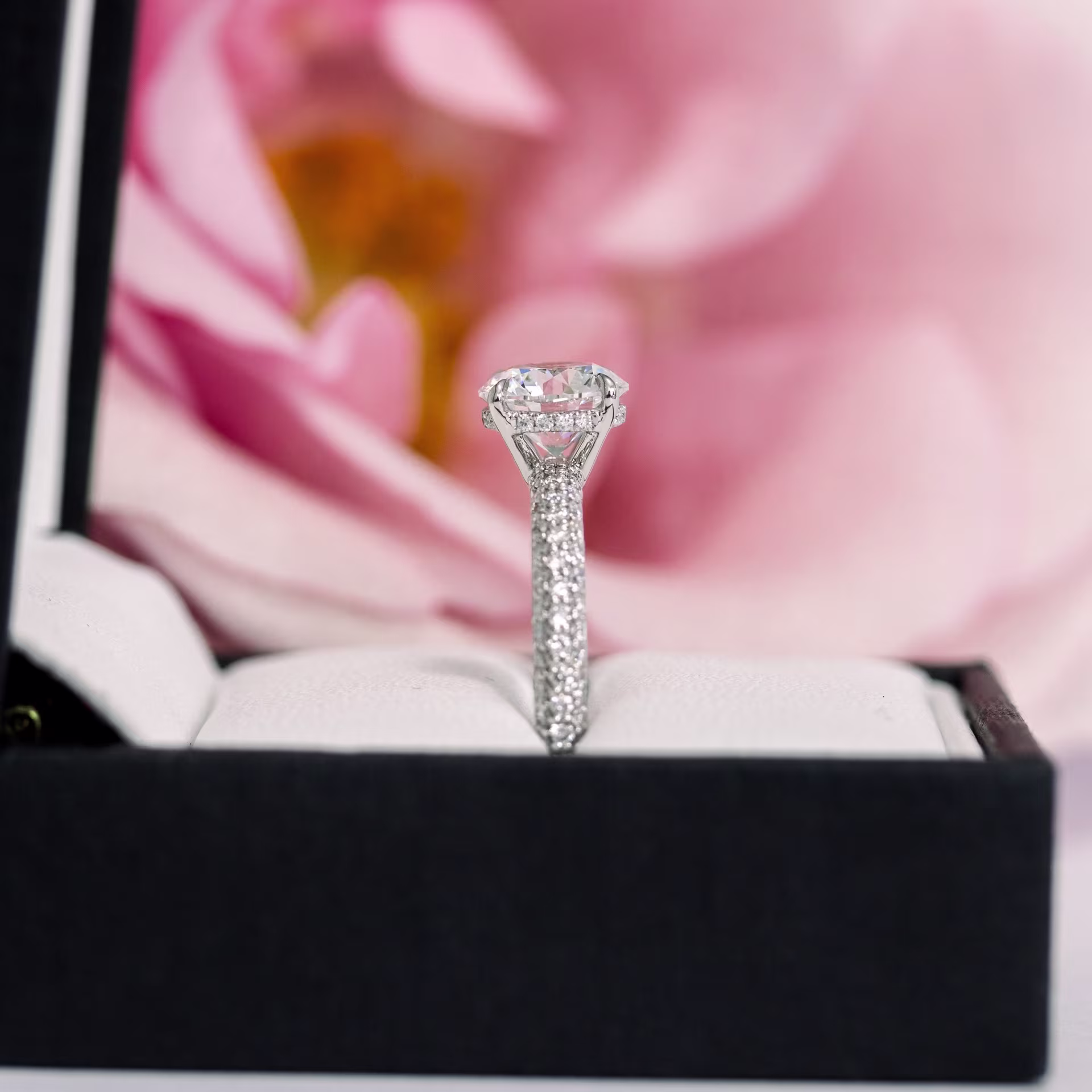 profile view of 2ct round laboratory grown diamond engagement ring with micropavé band and hidden halo ada diamonds design ad 172