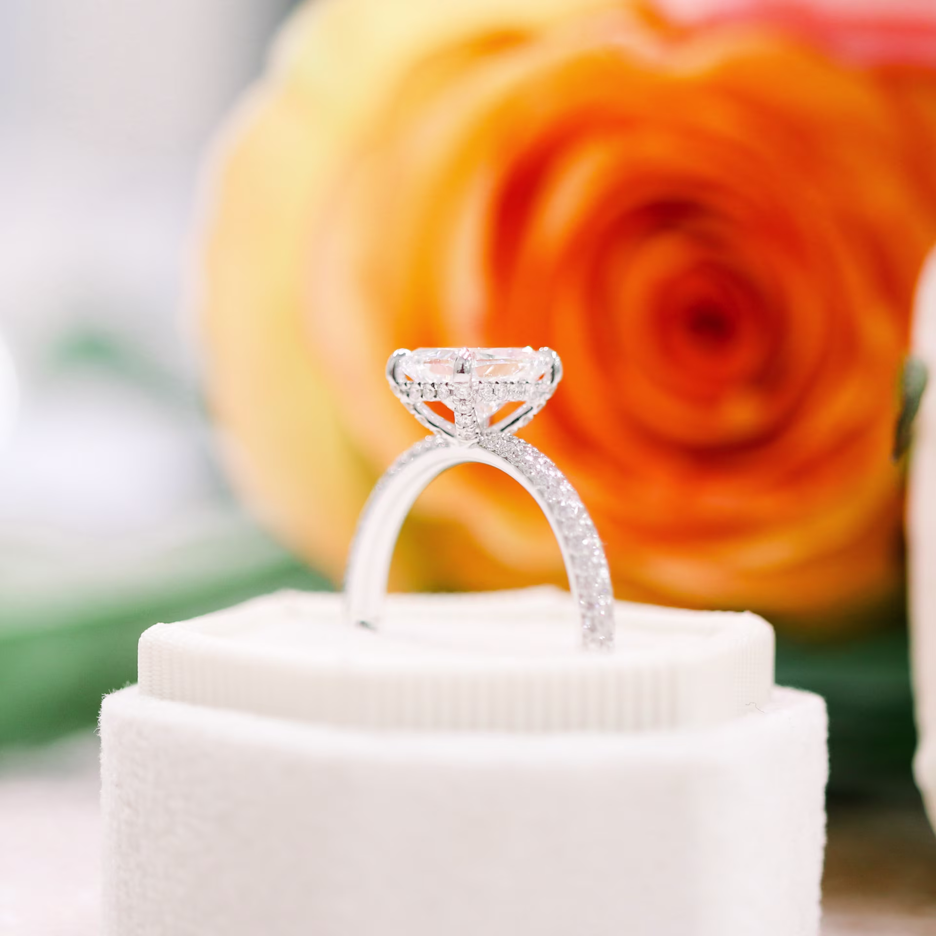 18k White Gold 2.5 Carat Cushion Cut Lab Diamond in Three Sided Pavé Setting with Diamond Basket Ada Diamonds Design AD-172 Profile View