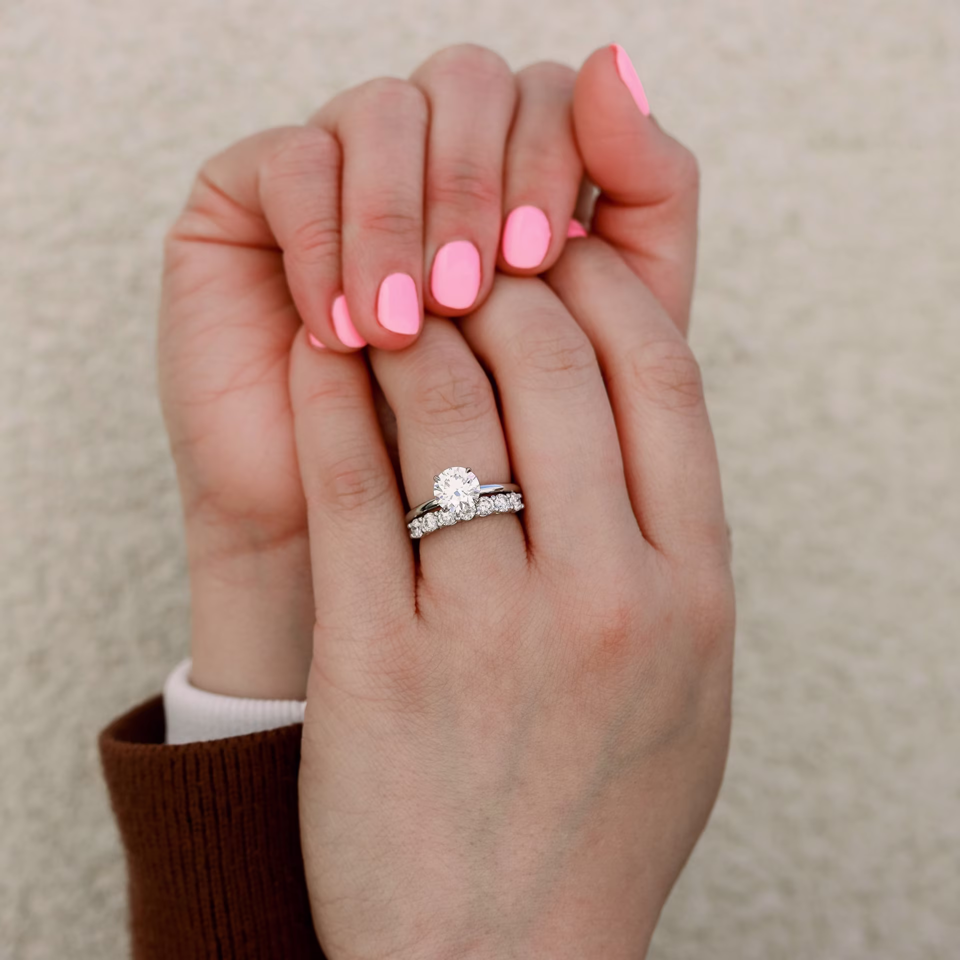 platinum lab diamond wedding set with petite solitaire and round seven stone band ada diamonds design ad 066 and ad 240