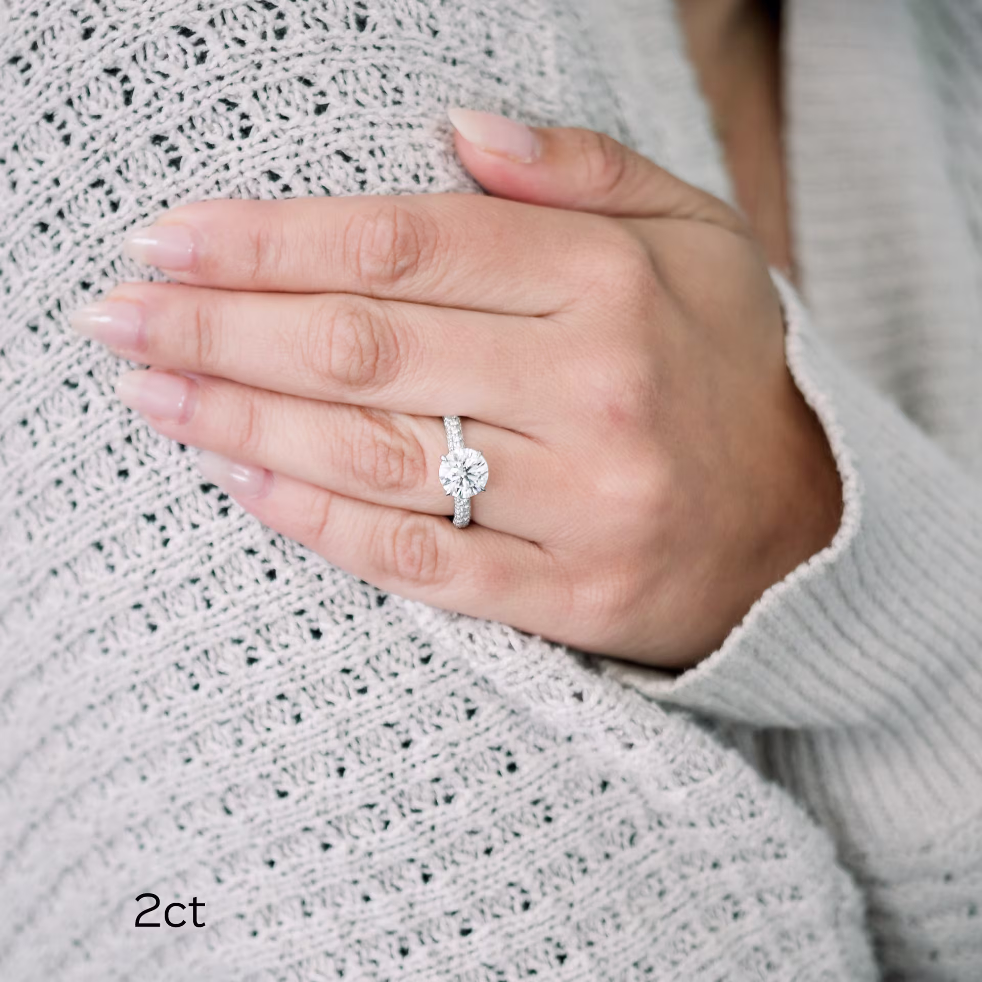 platinum 2ct round micropavé engagement ring with hidden halo made with lab diamonds ada diamonds design ad172 on model