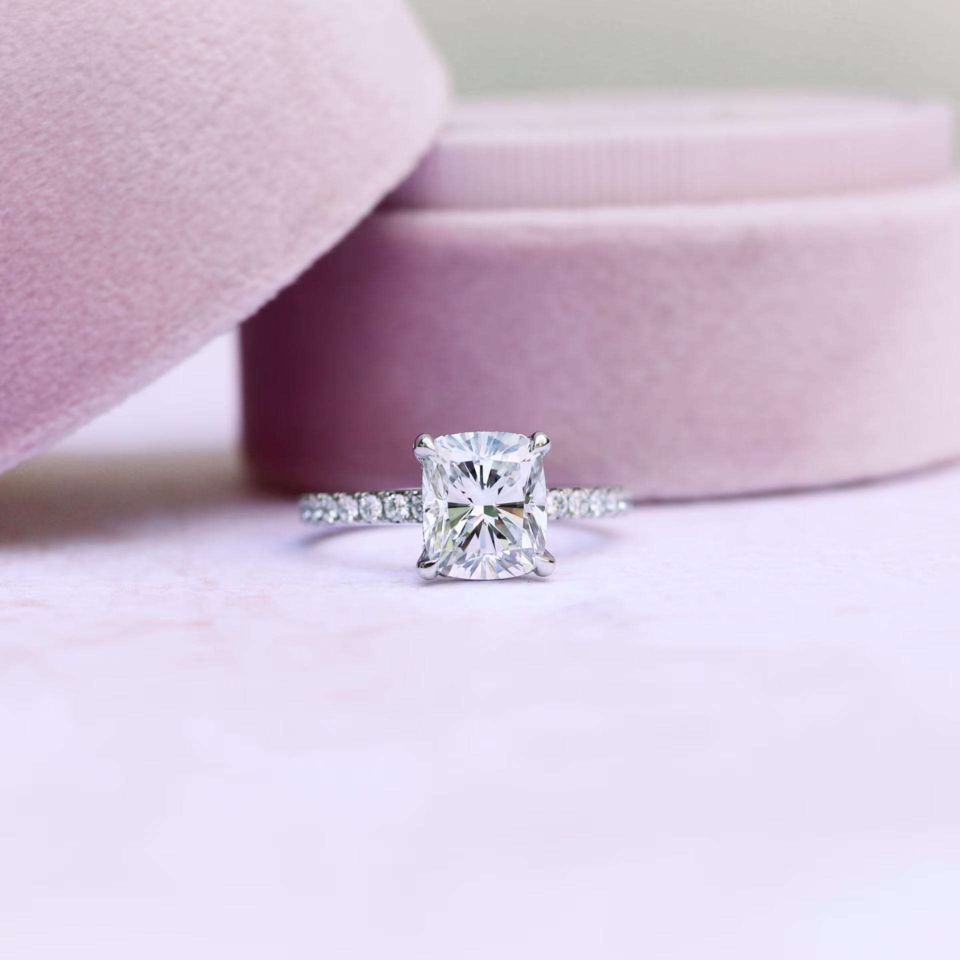 Platinum 1.5ct Cushion Pavé Engagement Ring with Diamond Band made with Lab Diamonds Ada Diamonds Design AD-214 in Box