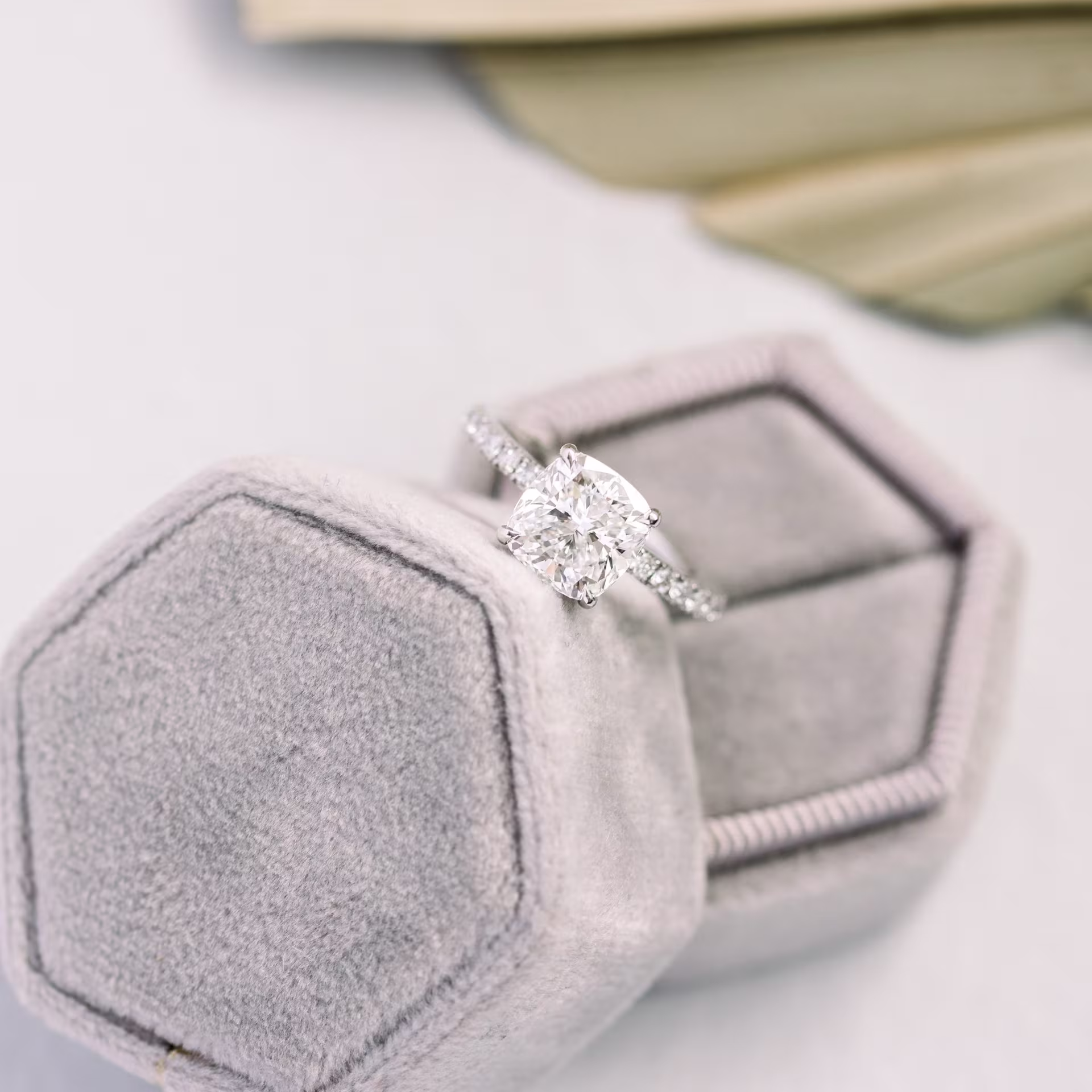 Cushion Cut Pavé Lab Diamond Engagement Ring in Platinum Ada Diamonds Design Number AD-214 Artistic Shot