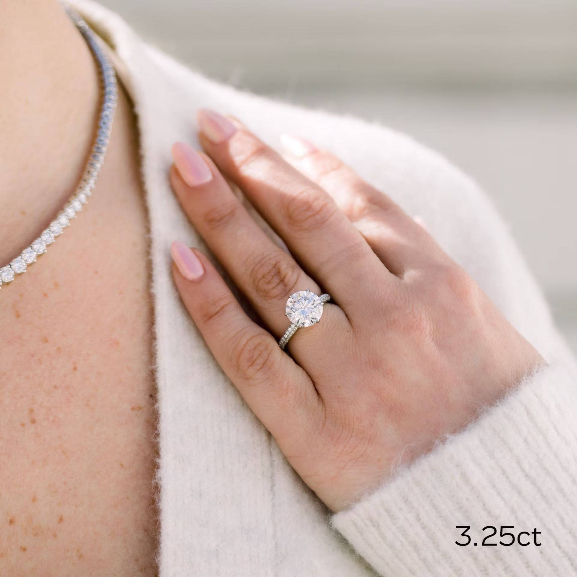 platinum 3.25ct round micropave six prong lab diamond engagement ring ada diamonds design 172 on model