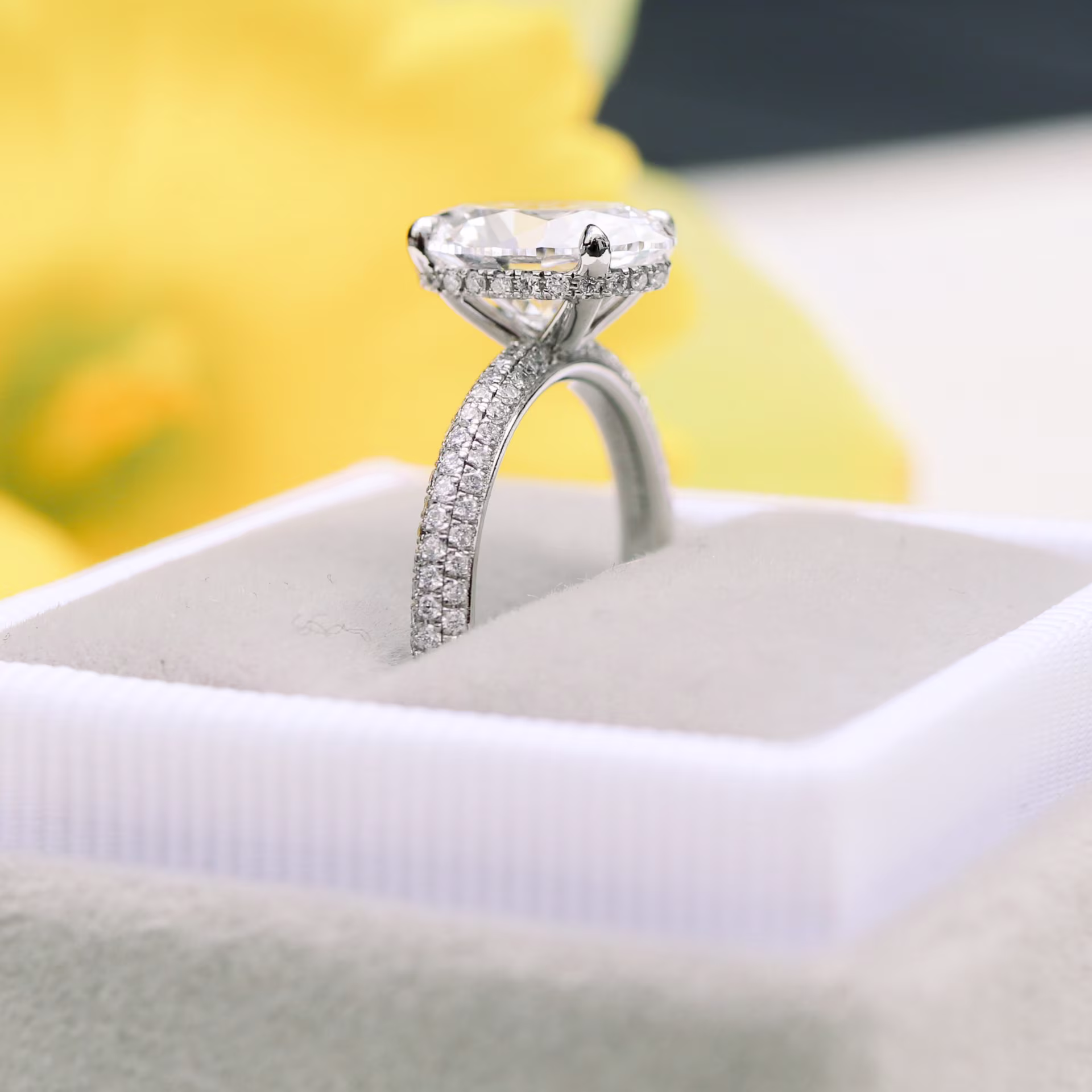 3 Carat Oval Lab Diamond Engagement Ring with Three Sided Pavé Band in Platinum Profile View Ada Diamonds AD-172