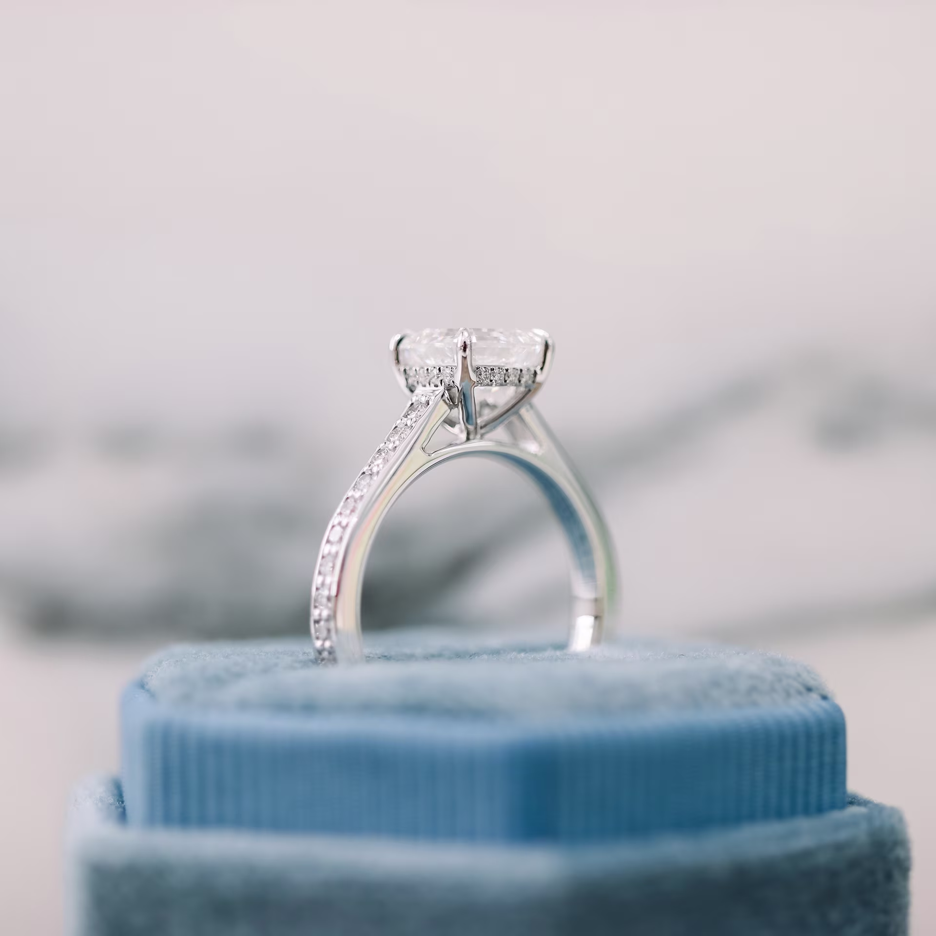 18k white gold 2 carat asscher lab created diamond ring with channel set pavé band profile