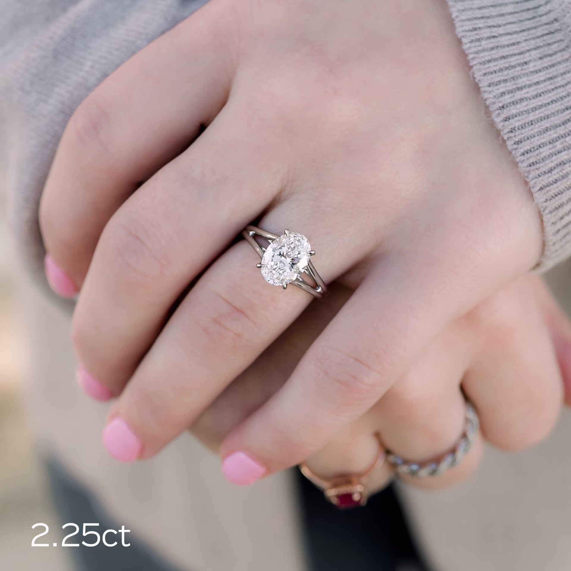 2.25ct oval lab diamond in split shank solitaire setting