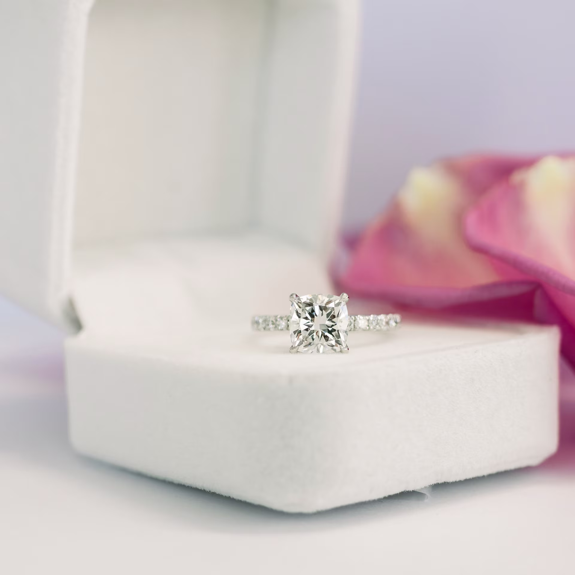 14k White Gold 1.5ct Cushion Cut Engagement Ring with Pavé Band made with Lab Grown Diamonds Ada Diamonds Design AD-214 in Box