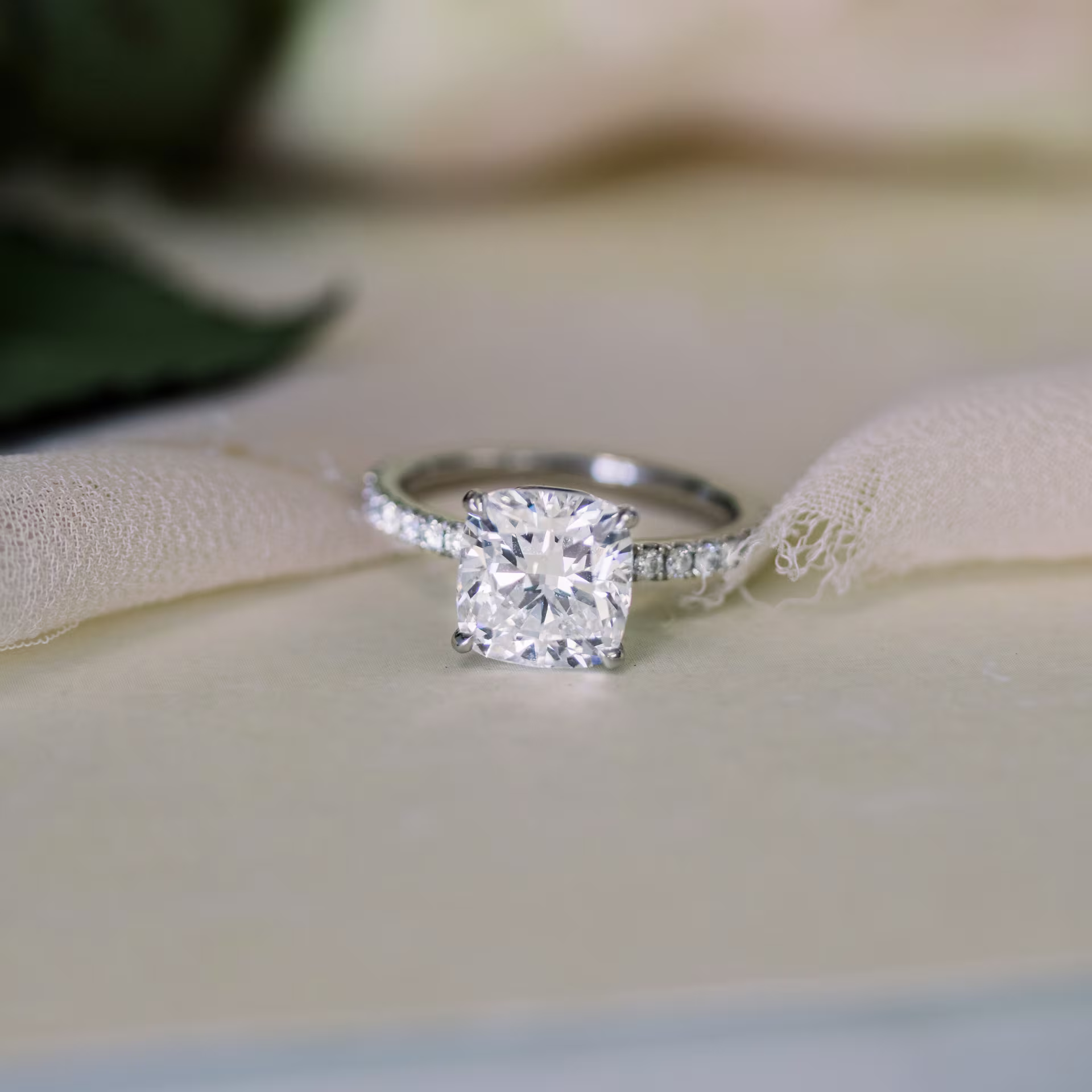 Platinum 2ct Cushion Cut Pavé Lab Diamond Ring Ada Diamonds Design AD-214 Macro