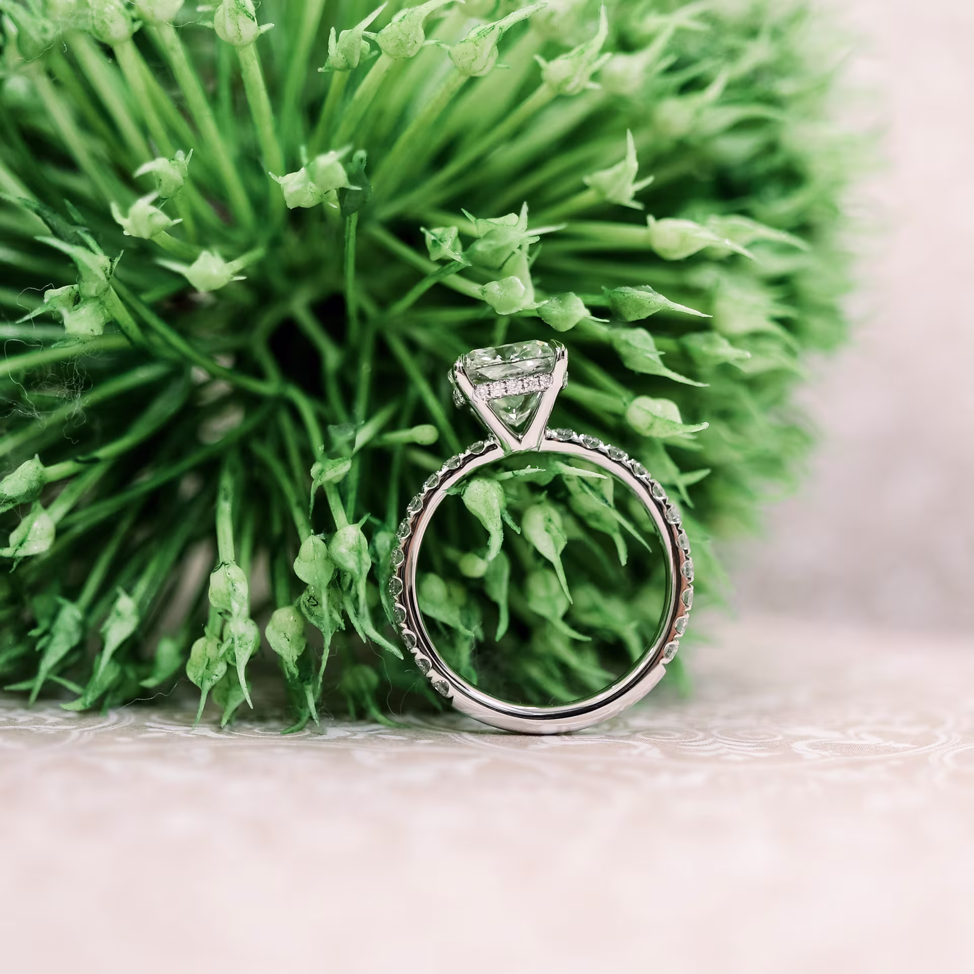 14k White Gold 2.25ct Cushion Cut Lab Diamond Ring with Smaller Diamonds on the Band Ada Diamonds Design AD-214  Profile View in Box