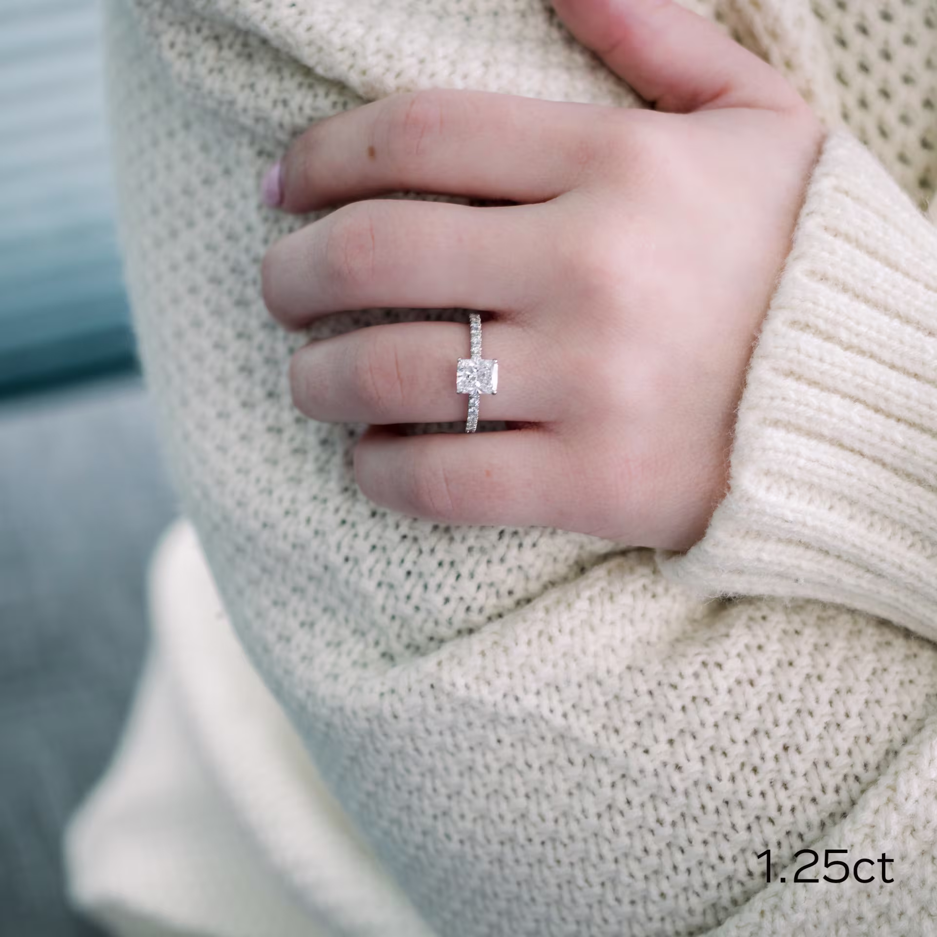 18k White Gold 1.25 Carat Cushion Cut Lab Created Diamond Pavé Engagement Ring Ada Diamonds Design AD-214 on Model