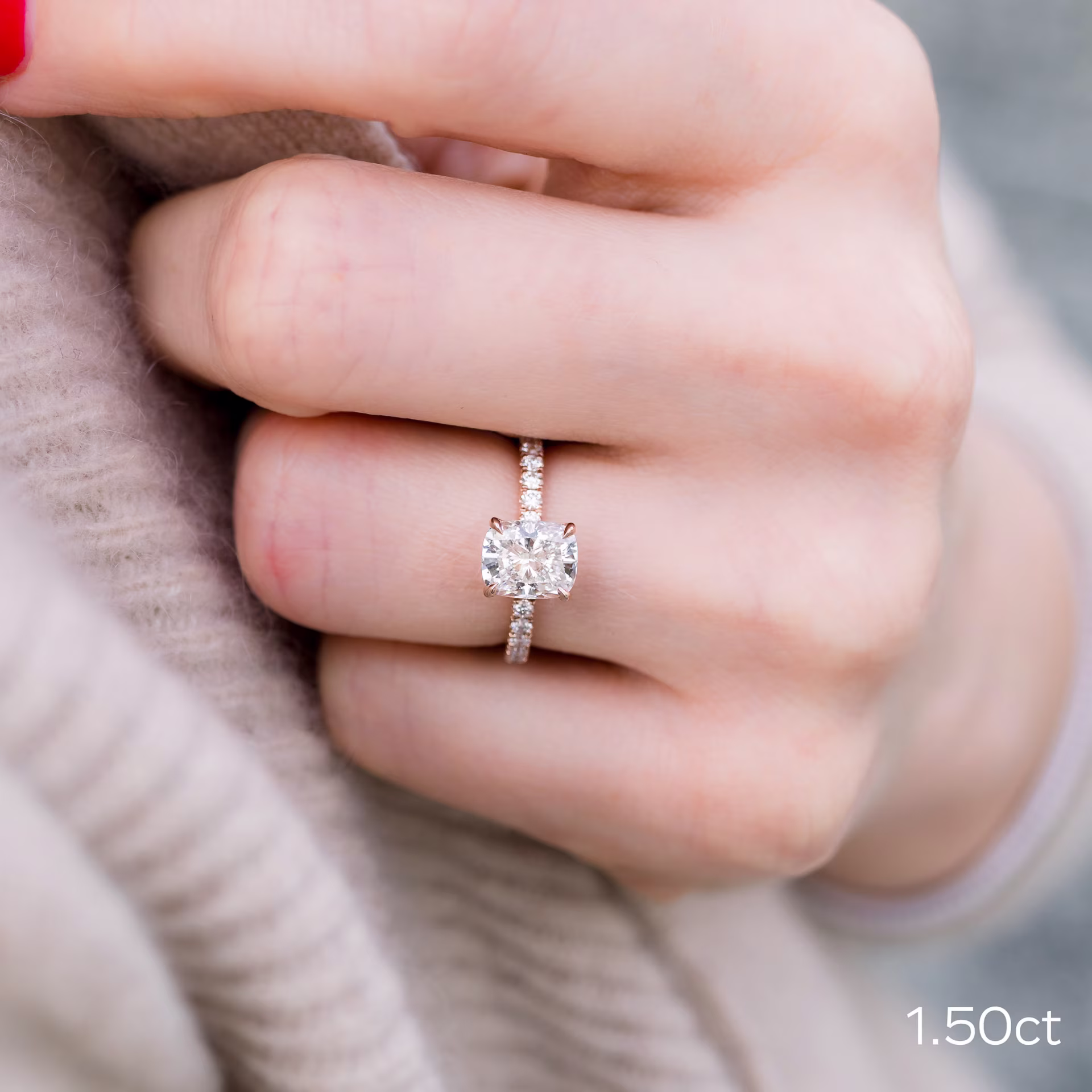 High Quality 1.5 ct Lab Diamonds set in 14k Rose Gold Cushion Petite Four Prong Pavé Setting (Main View)