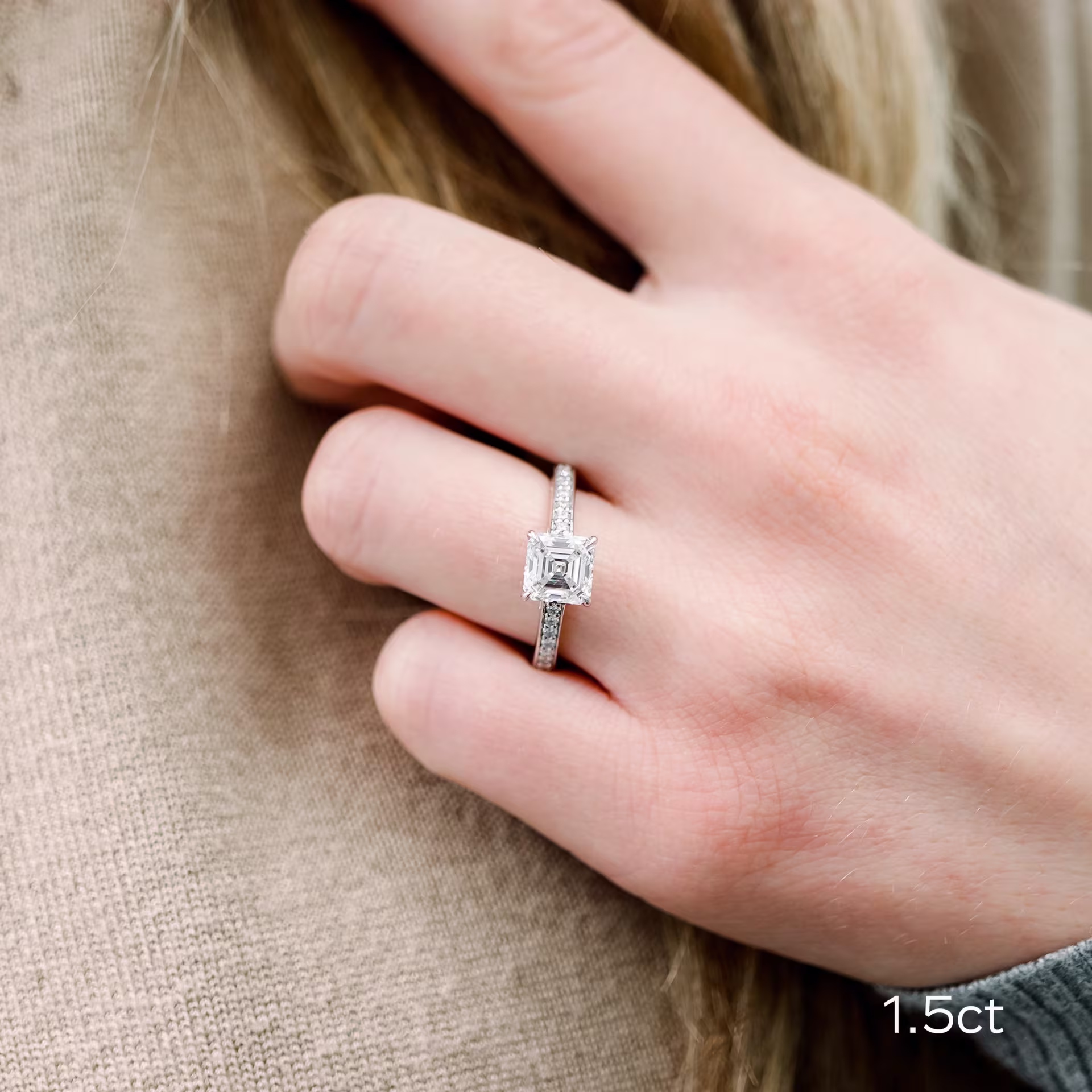 white gold 2 ct asscher lab diamond ring with channel set pavé band on model