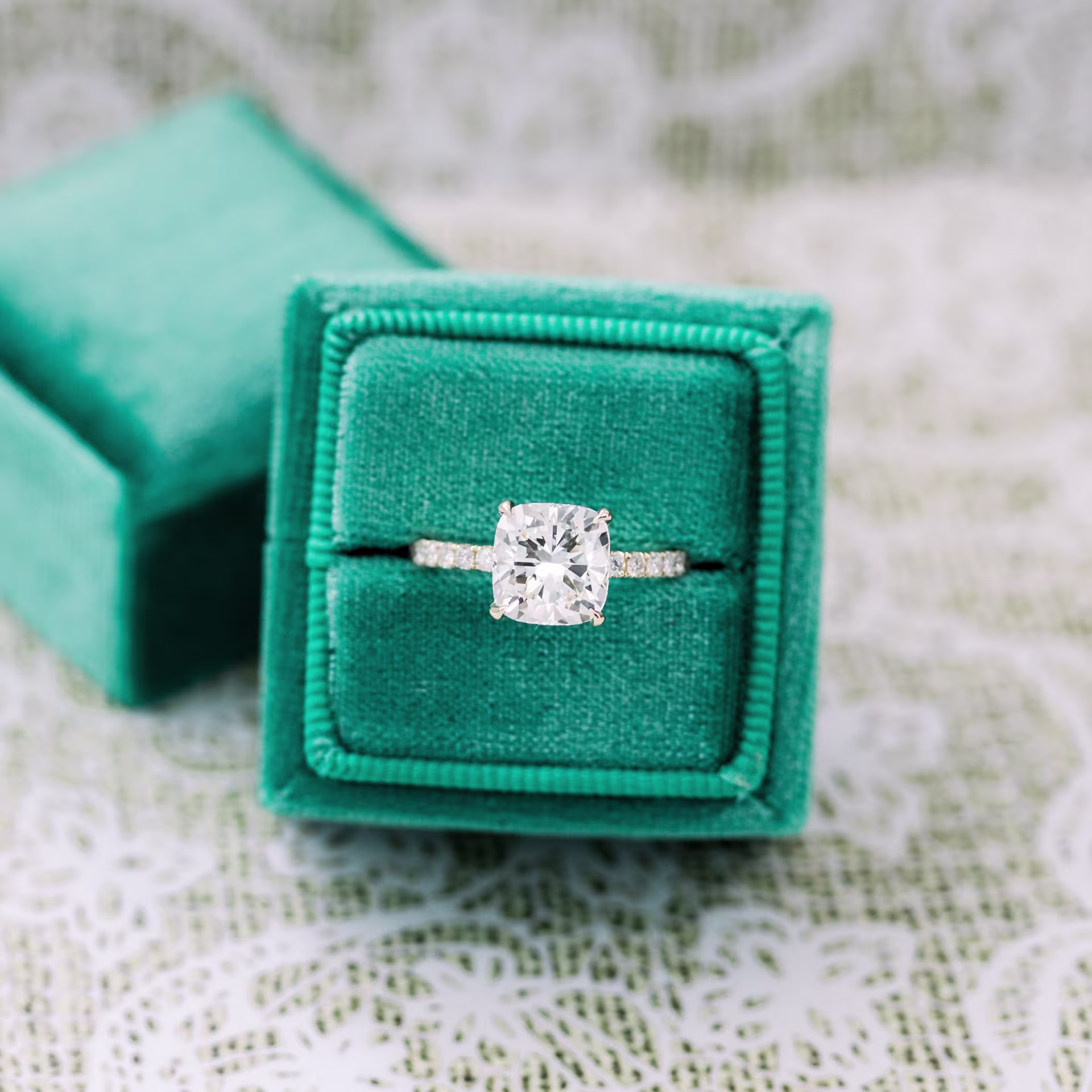 Yellow Gold 3 carat cushion cut lab diamond engagement ring with hidden halo and diamond band ada diamonds design ad-214