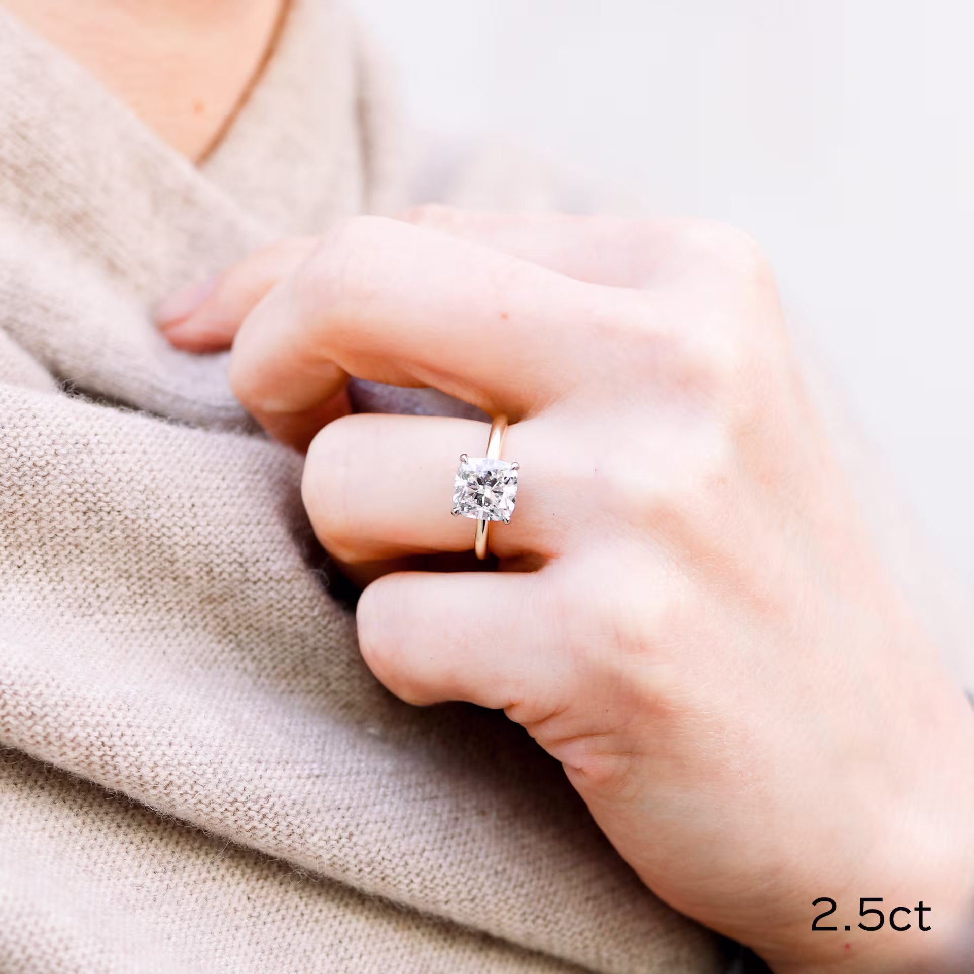 Custom Two Tone 18k White and Yellow Gold 2.5 Carat Cushion Cut Low Profile Solitaire Engagement Ring on Hand Ada Diamonds Design Number 221