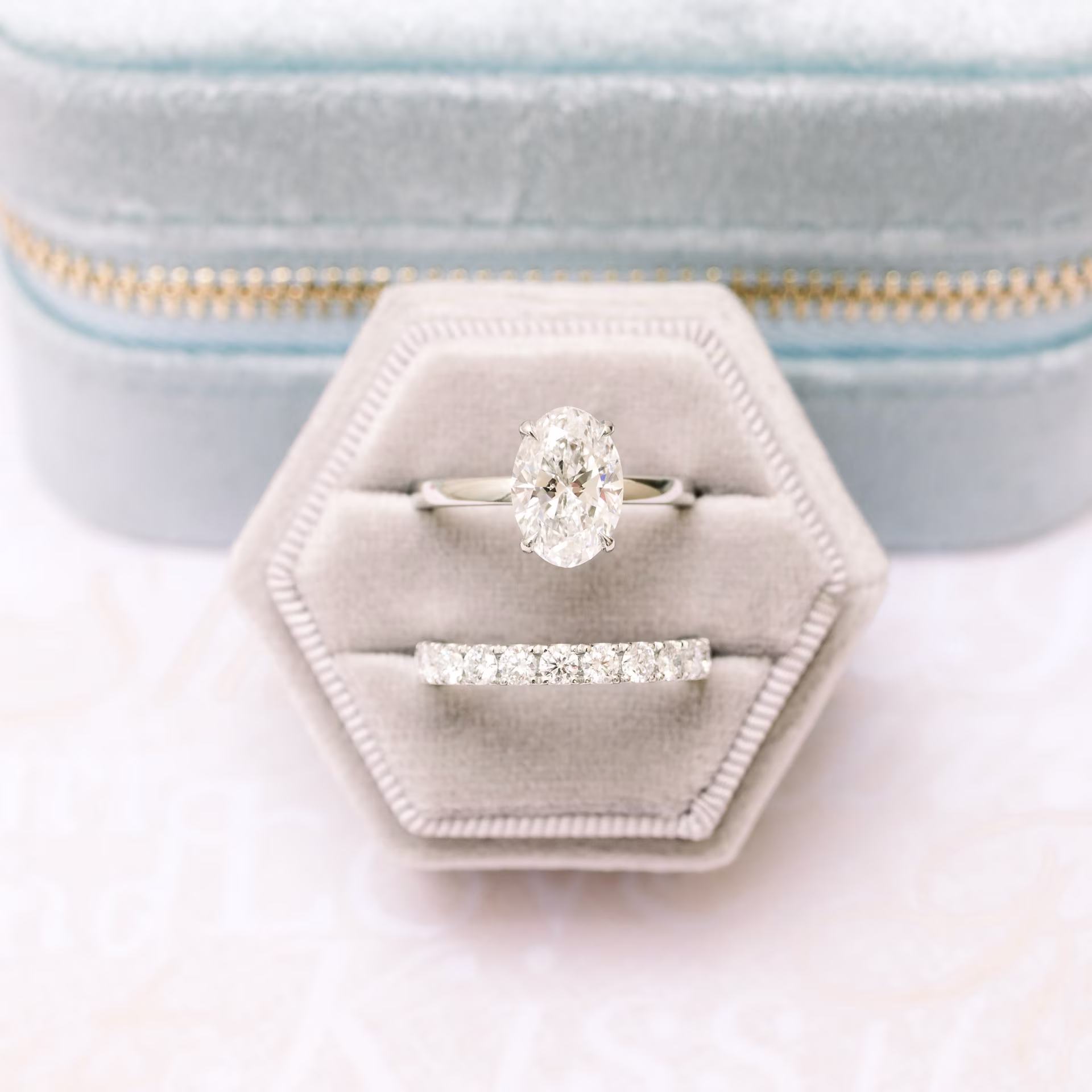 2.5 ct oval lab diamond engagement ring with wedding band in platinum ada diamonds design ad 143 and ad 171 macro