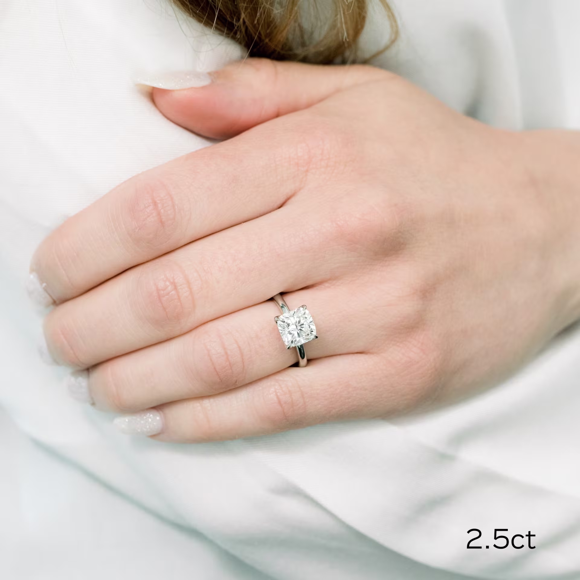 platinum 2.5ct cushion cut lab diamond tulip style solitaire engagement ring ada diamonds design ad 368 on model