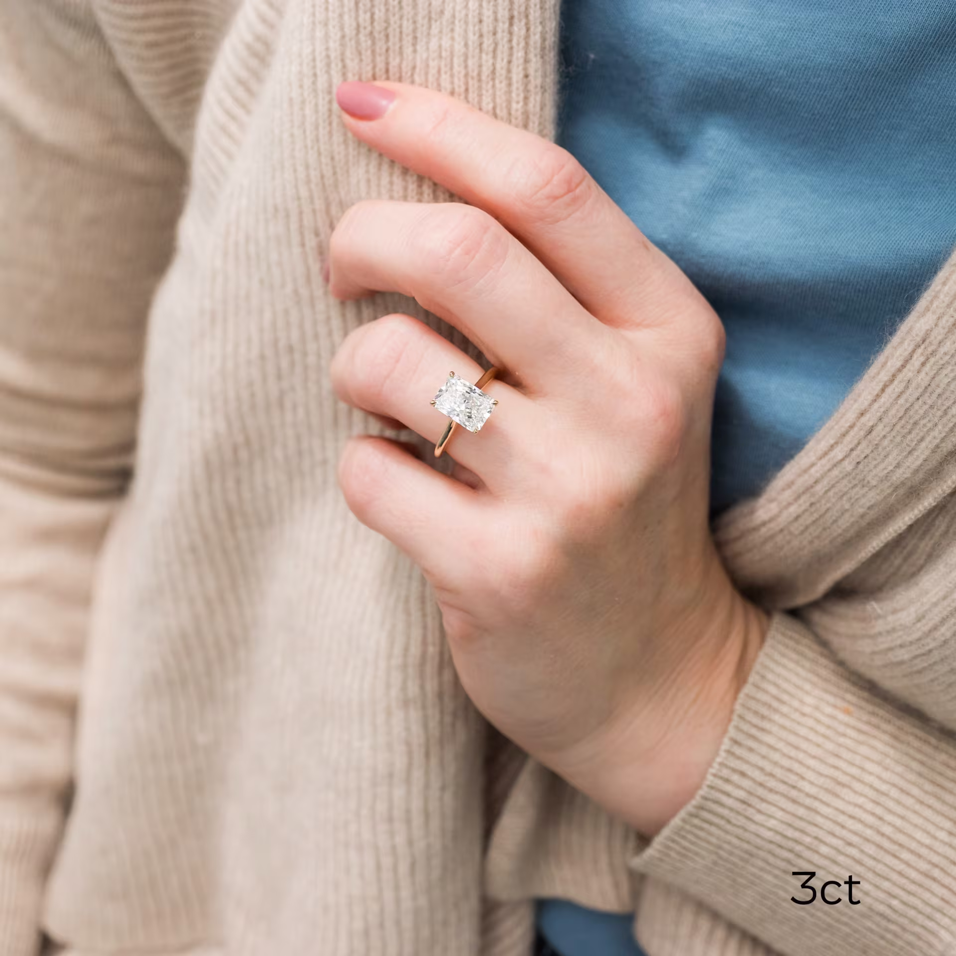 3 carat radiant cut trellis solitaire engagement ring with lab diamond in 14k gold ada diamonds design ad 333 on model