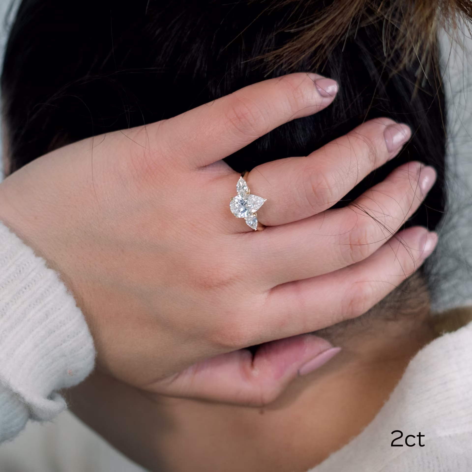 2 carat lab grown pear shape diamond ring with pear side stones