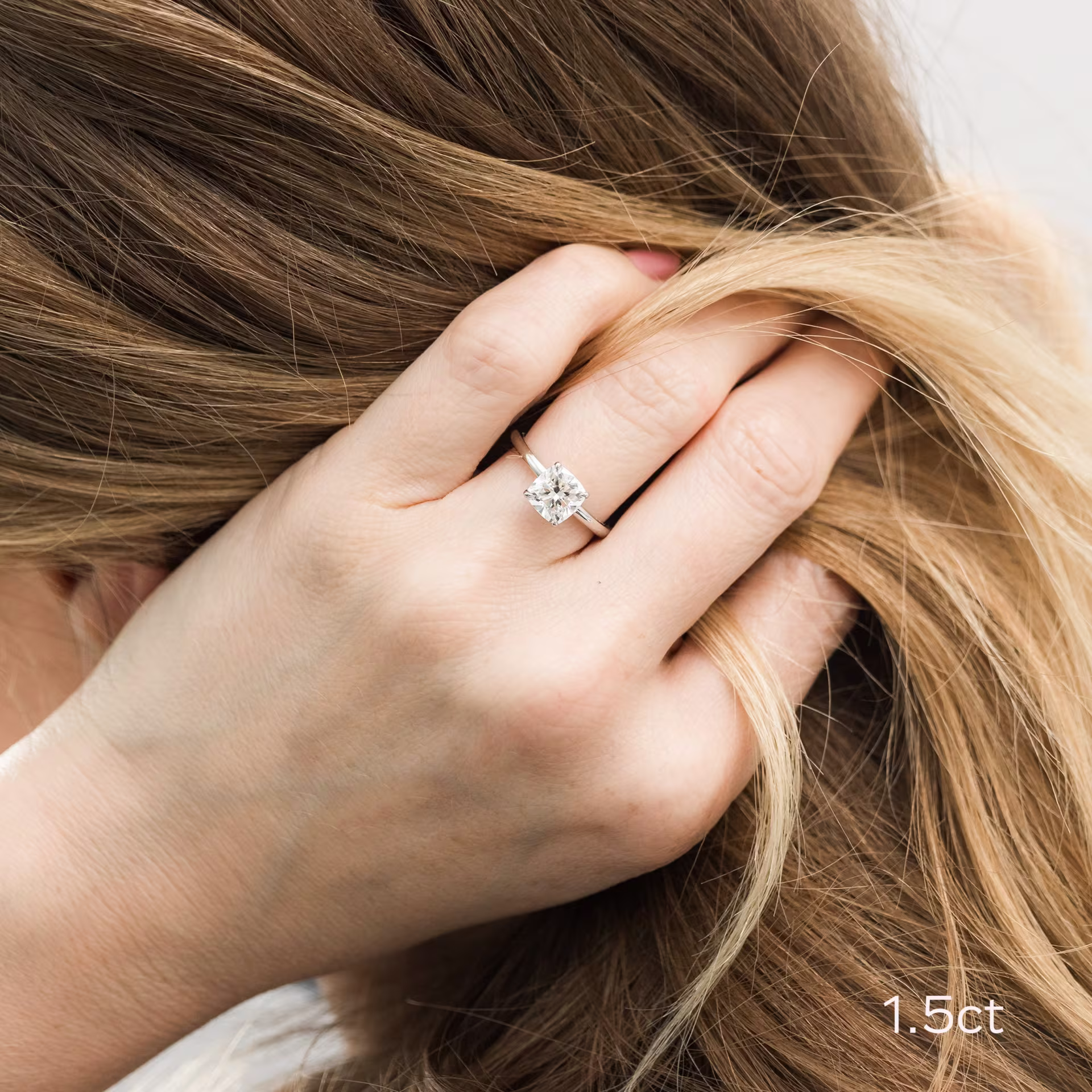 platinum 1.5ct Cushion Cut Lab Diamond Solitaire with Hidden Halo Ada Diamonds Design AD-221 on Model