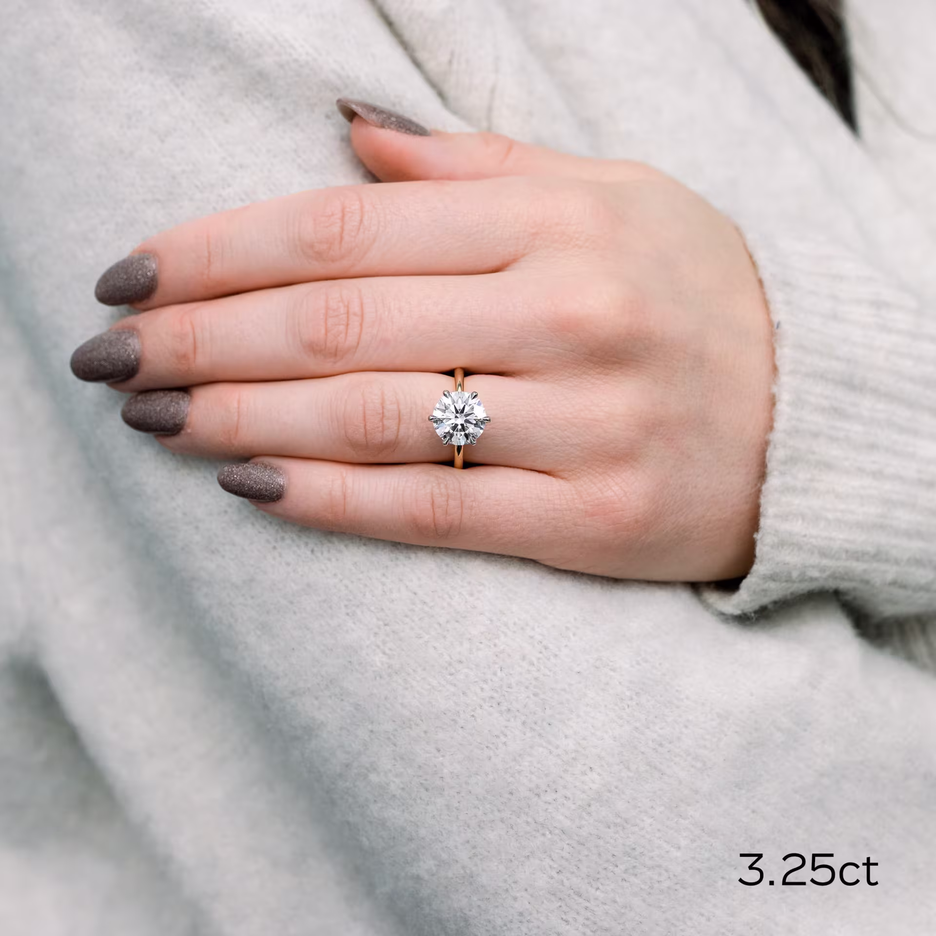 3.25ct round lab diamond in six prong solitaire engagement ring ada diamonds design ad 067 on model