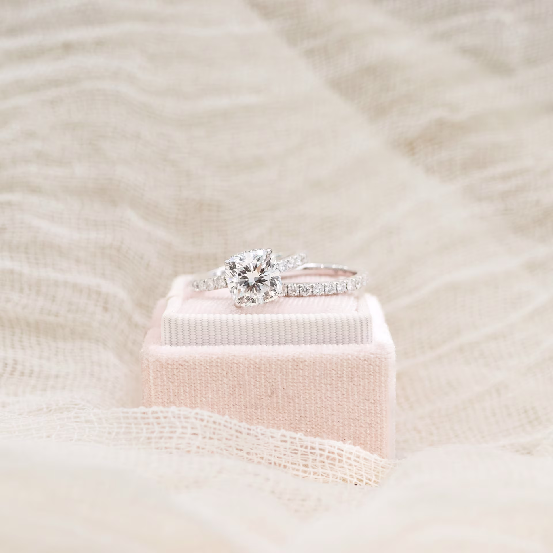 cushion cut lab grown diamond wedding set with u pavé eternity band ada diamonds design ad 214 and ad 082