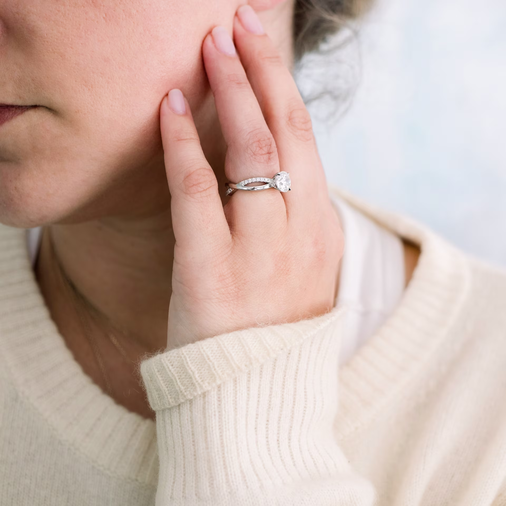 platinum 1.25 ct round man made diamond in open twisting diamond band engagement ring ada diamonds design ad 154 on model