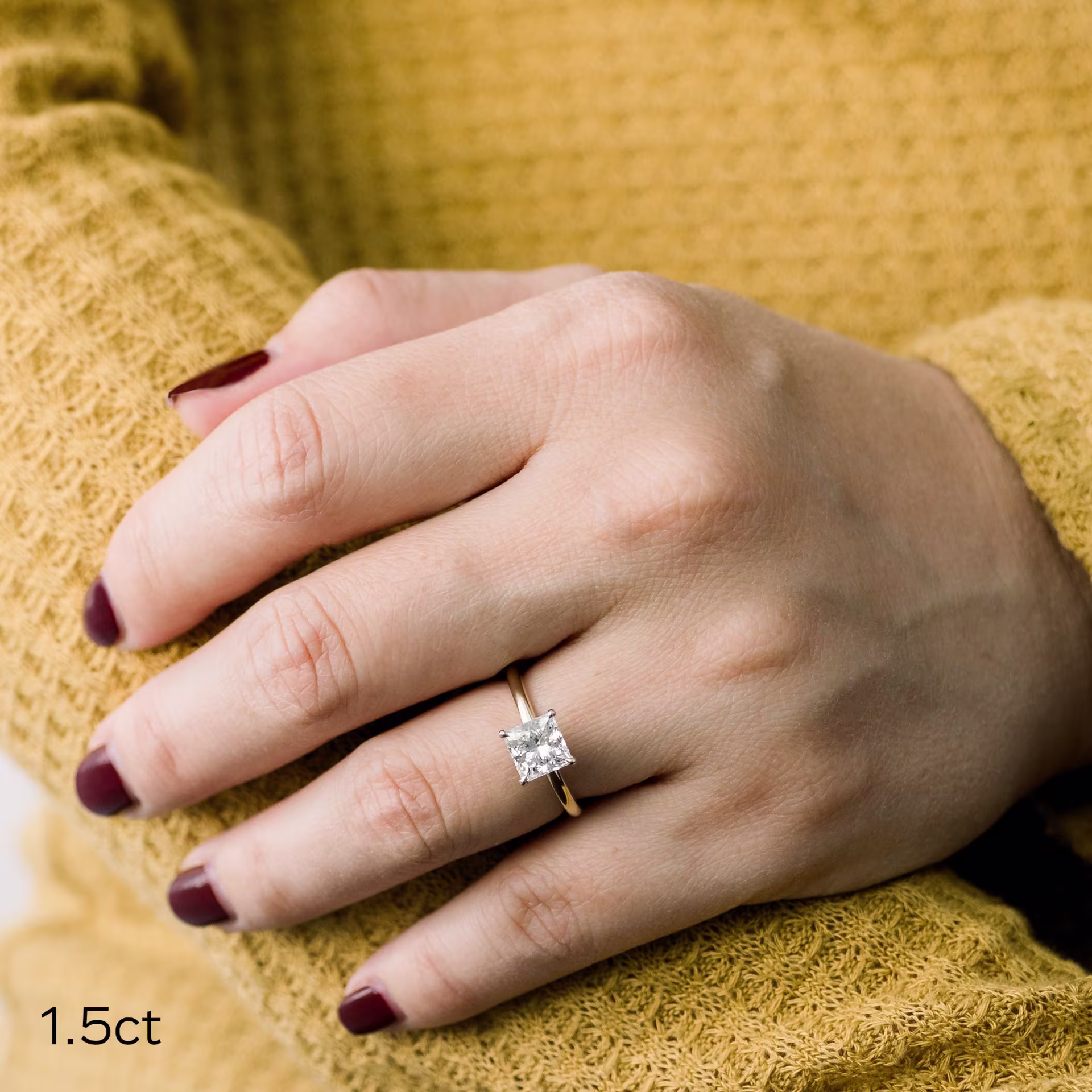 two tone yellow gold and platinum 1.5ct princess cut lab diamond solitaire engagement ring ada diamonds design ad 341 on model