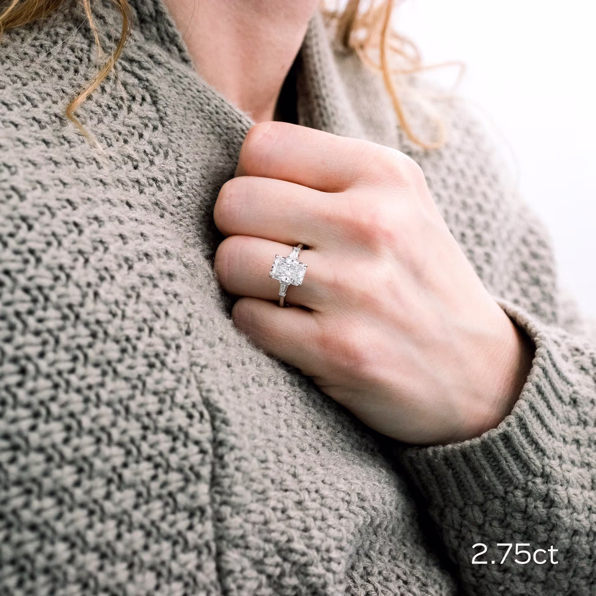 platinum 3 ct radiant cut and baguette three stone lab diamond engagement ring ada diamonds design 485 on model