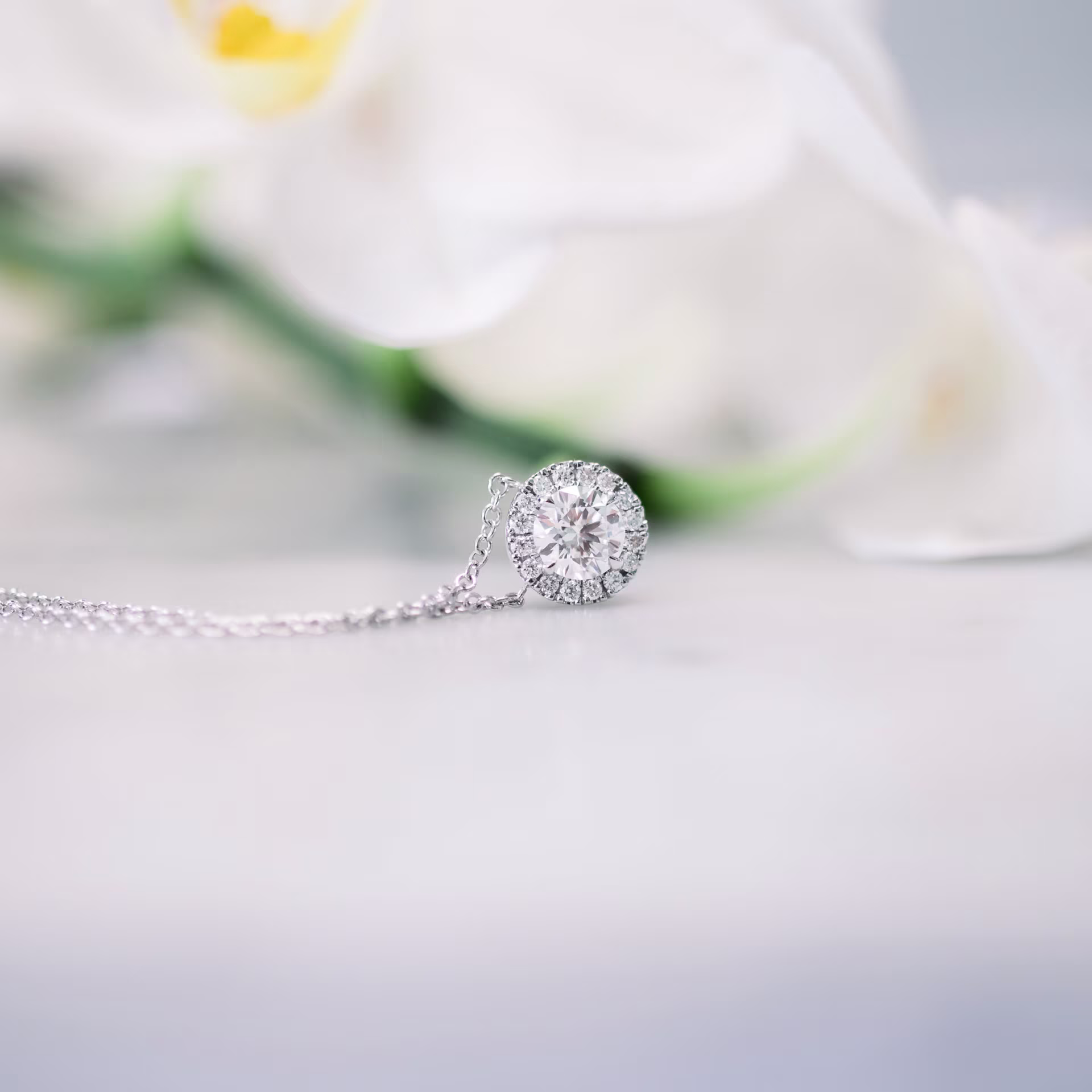 Hand Selected 0.45 Carat Round Brilliant Lab Created Diamonds set in White Gold Single Halo Pendant (Main View)