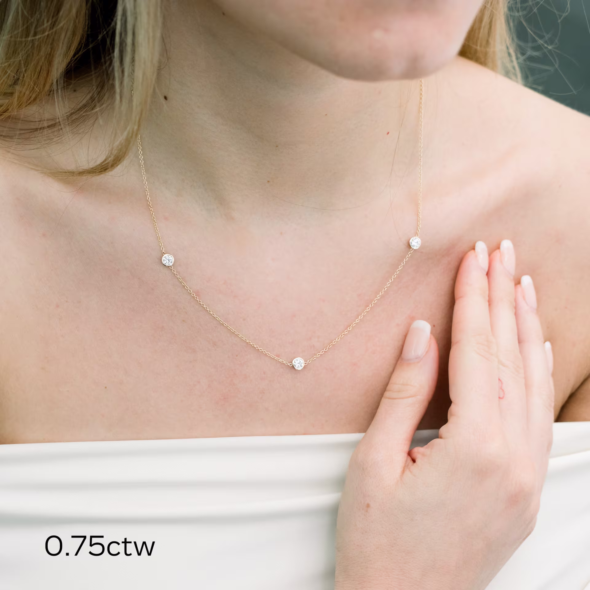 0.75 Carat Round Lab Diamonds set in 14k Yellow Gold Triple Diamond Station Necklace (Main View)