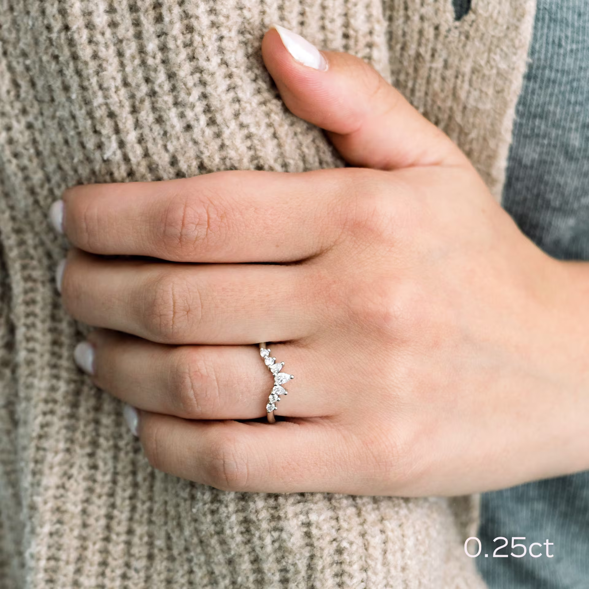 round and pear seven stone custom nesting lab diamond wedding band on model in platinum ada diamonds design ad 182