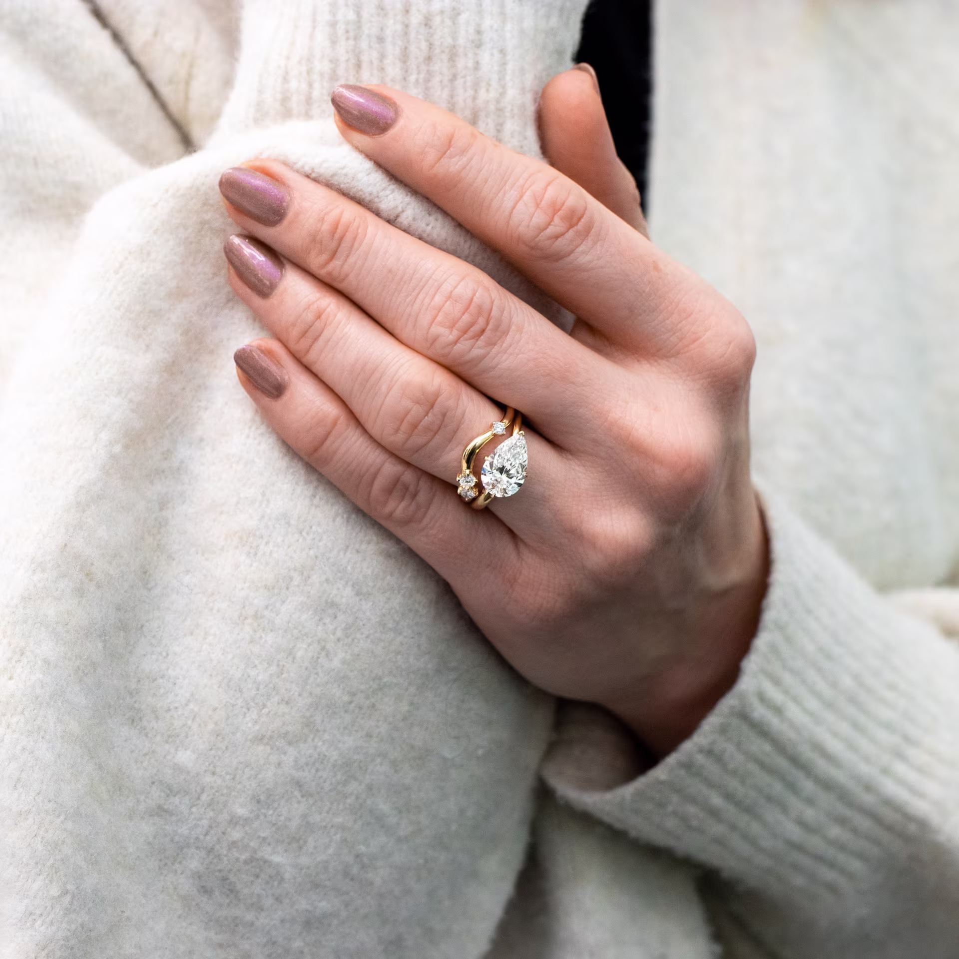 14kyellow gold 3ct east west pear solitaire engagement ring with custom contoured pear wedding band ada diamonds design ad 177 and ad 182